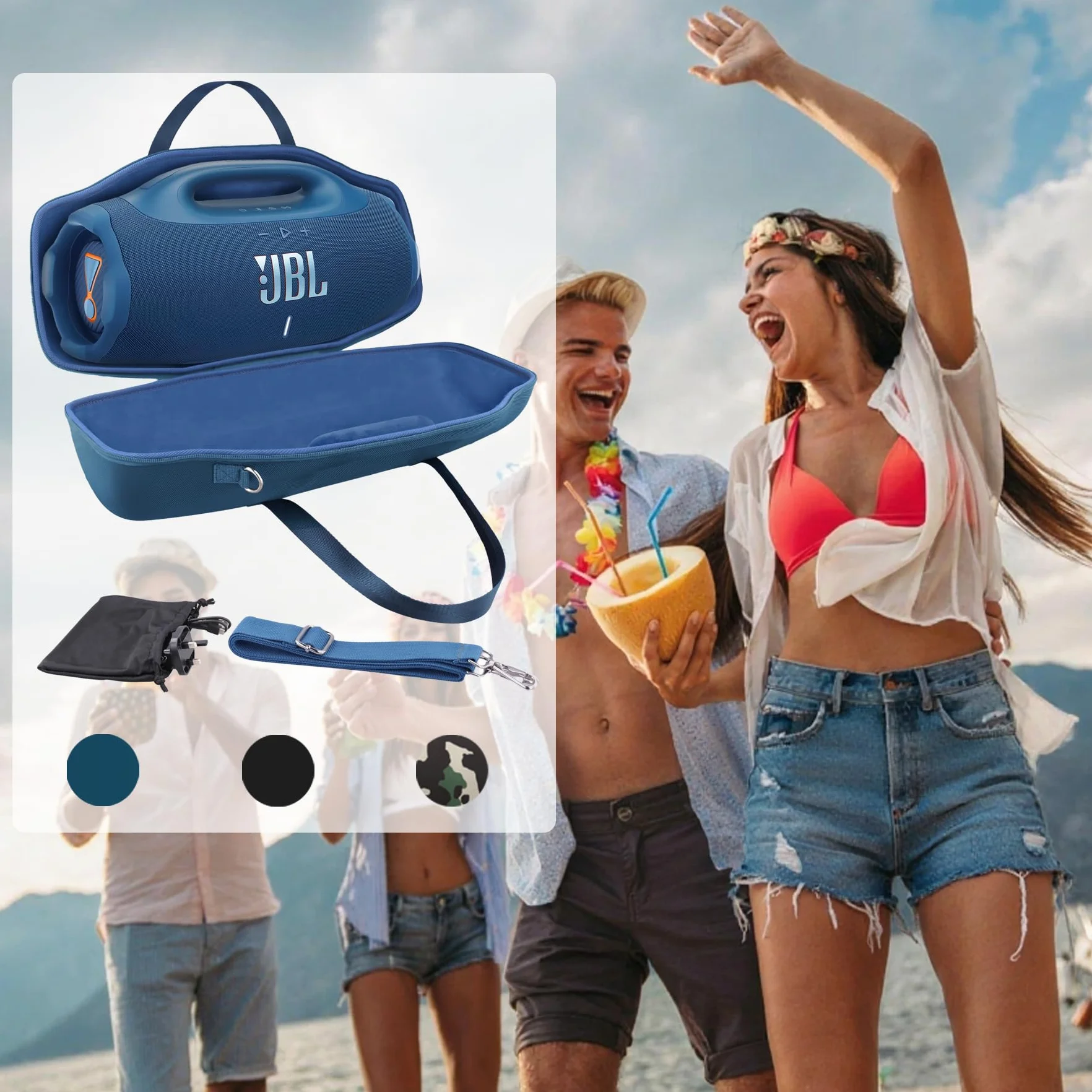 co2CREA Twarde etui podróżne z mini torbą na akcesoria i paskiem na ramię do głośnika Bluetooth JBL Boombox 3 WiFi/Boombox 2, NIEBIESKI, Fits JBL Boombox 4, Nowoczesny