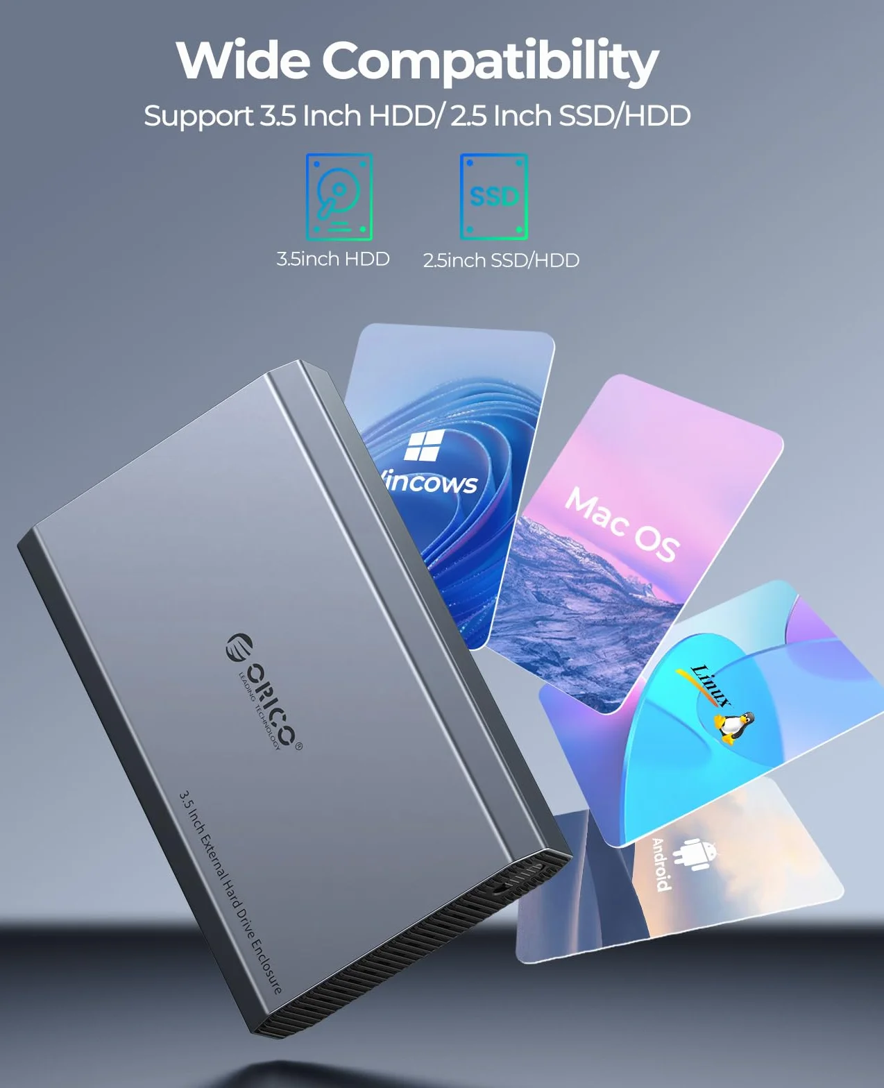 ORICO Aluminiowa obudowa dysku twardego 3,5 cala USB C 3.2 6 Gbps zewnętrzna HDD SATA SSD 20 TB