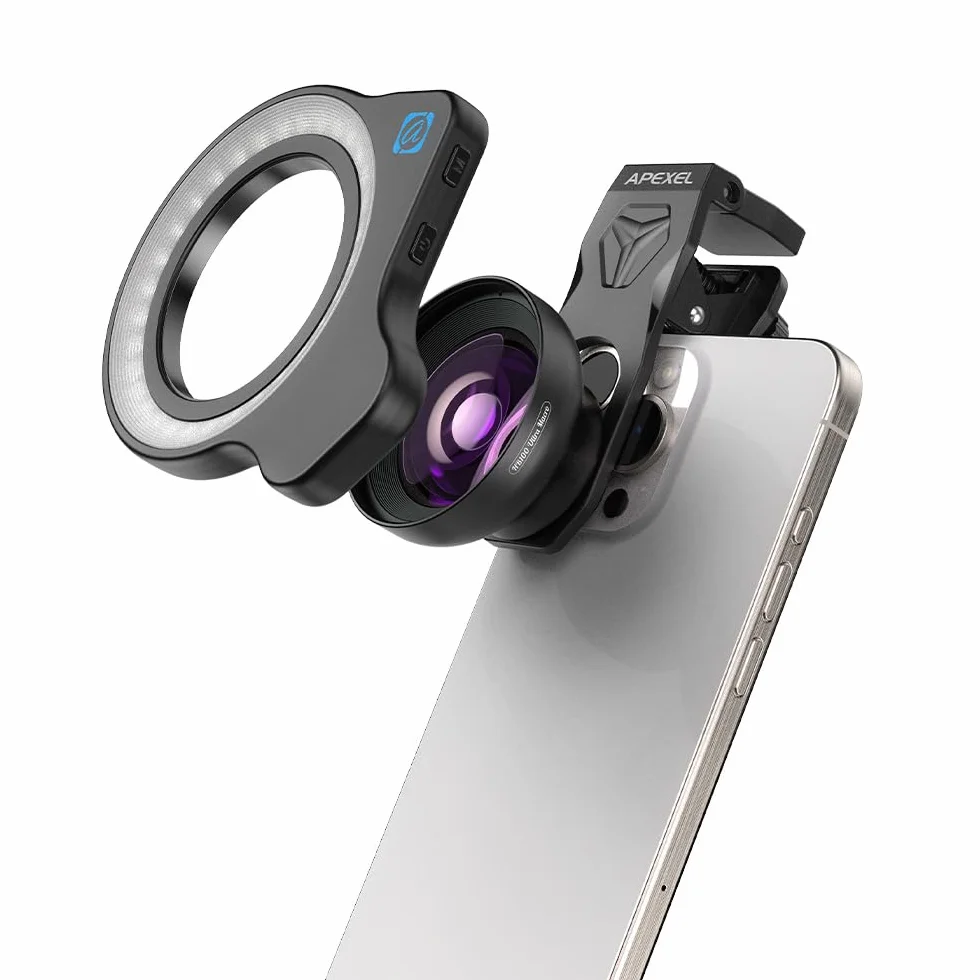 APEXEL HB100 Ultra HD obiektyw makro do telefonu z 45 opcjami oświetlenia i antyrefleksyjnym obiektywem makro AF nadaje się do iPhone, Samsung, Pixel i innych smartfonów