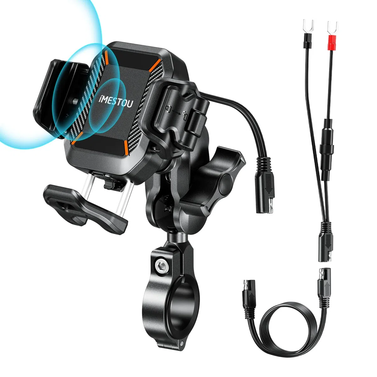 iMESTOU Motocyklowy bezprzewodowy uchwyt na telefon USB C, antywibracyjny, antykradzieżowy, kulkowy uchwyt Qi, pasuje do telefonów o grubości do 15 mm, pasuje do kierownic 22-32 mm, pasuje do pojazdów