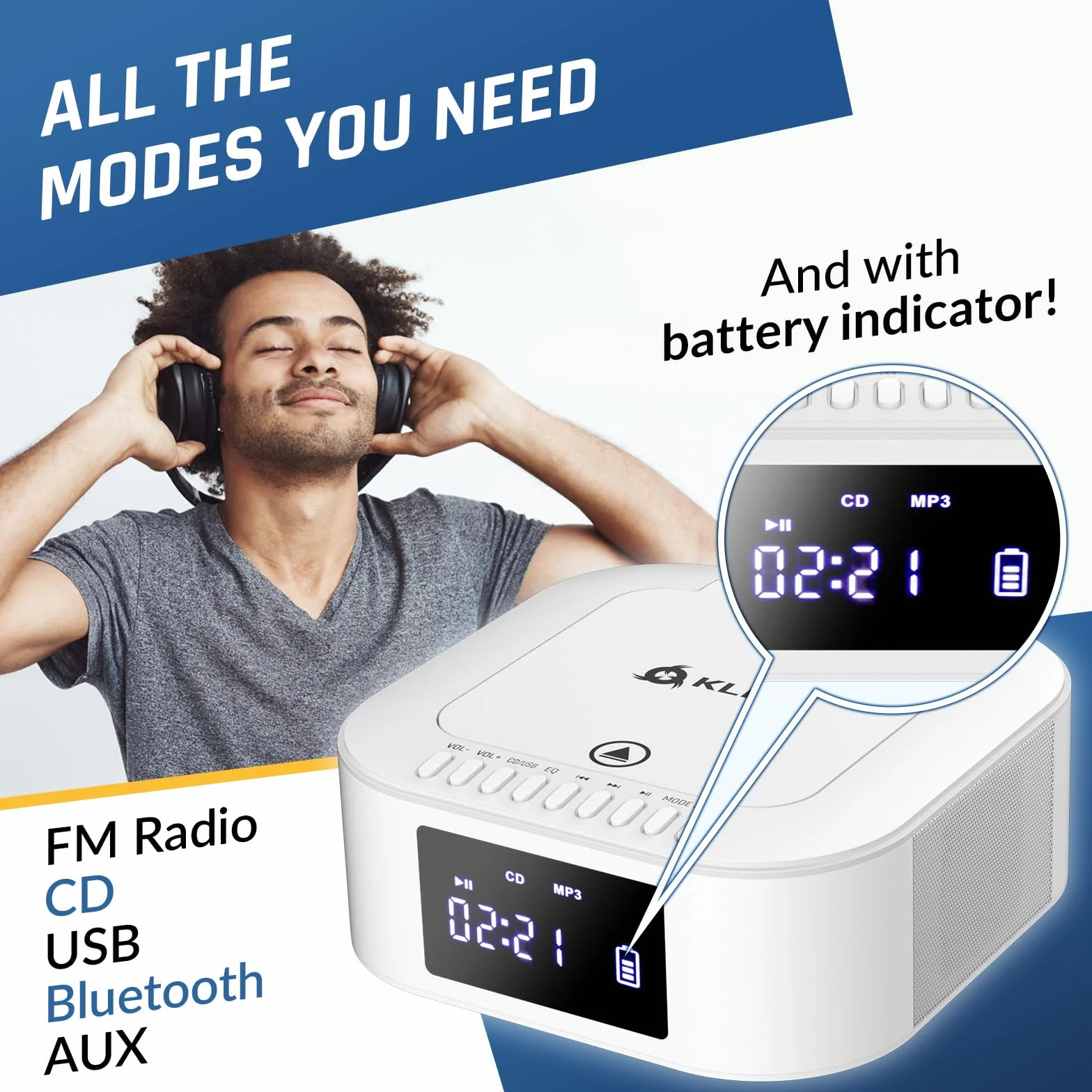 KLIM Odtwarzacz CD stereo Boombox E1, BASS Boost z subwooferem, radio FM z odtwarzaczem CD i USB, Bluetooth, AUX, domowy zestaw stereo, przewodowy lub bezprzewodowy, akumulator, pilot zdalnego