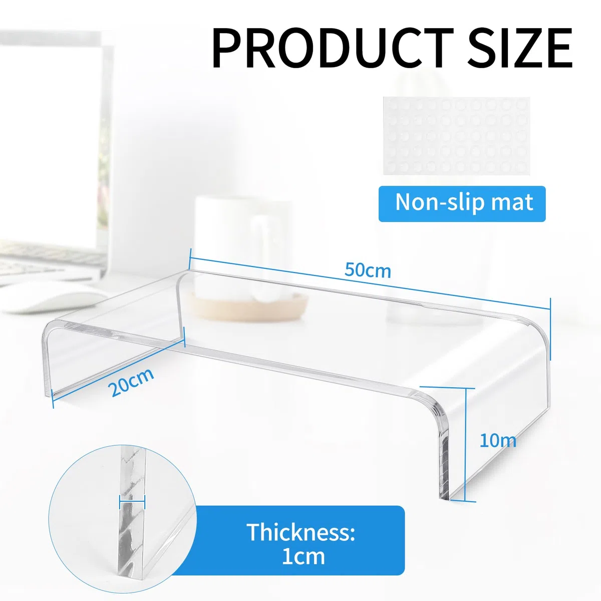 SWAWIS Podwyższenie monitora akrylowego, 50 x 20 x 10 cm, grubość 10 mm, stojak na monitor, stojak na monitor, biurko, do laptopa, monitora, komputera