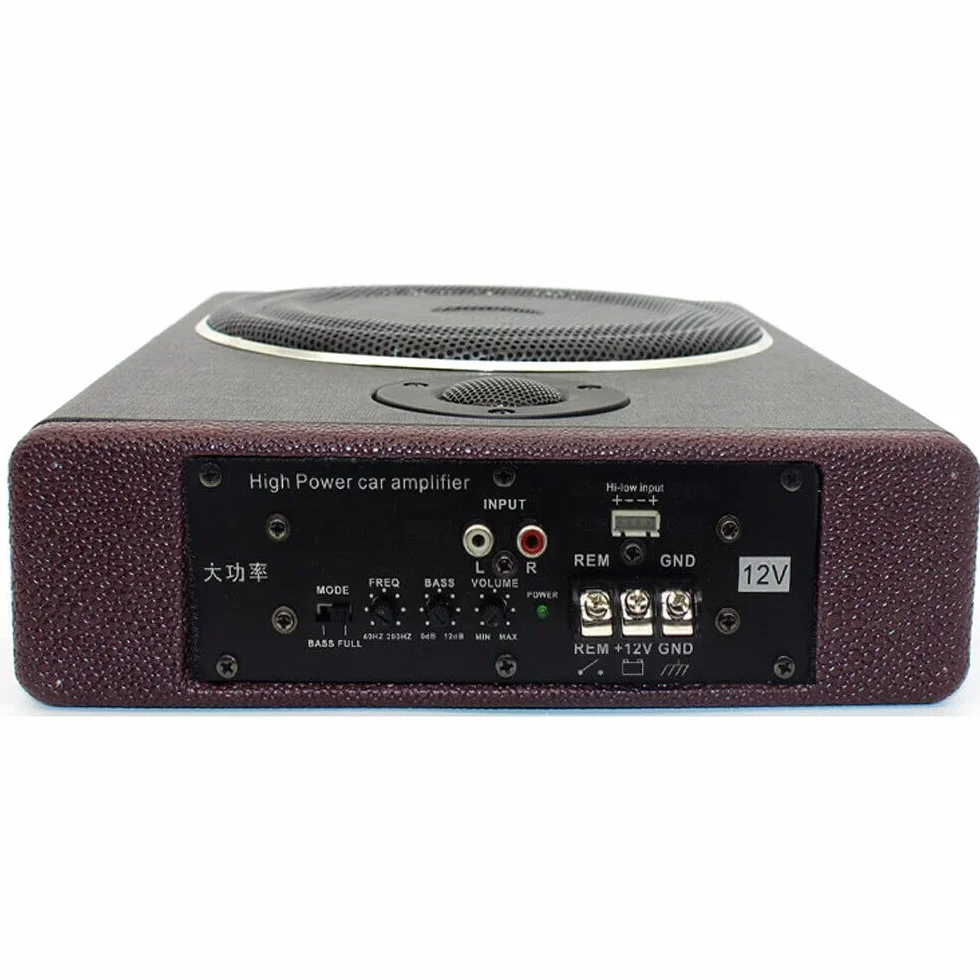 Subwoofer płaski samochodowy aktywny głośnik basowy, ultra kompaktowy pod siedzeniem, drewniany korpus pokryty skórą PU, czarny
