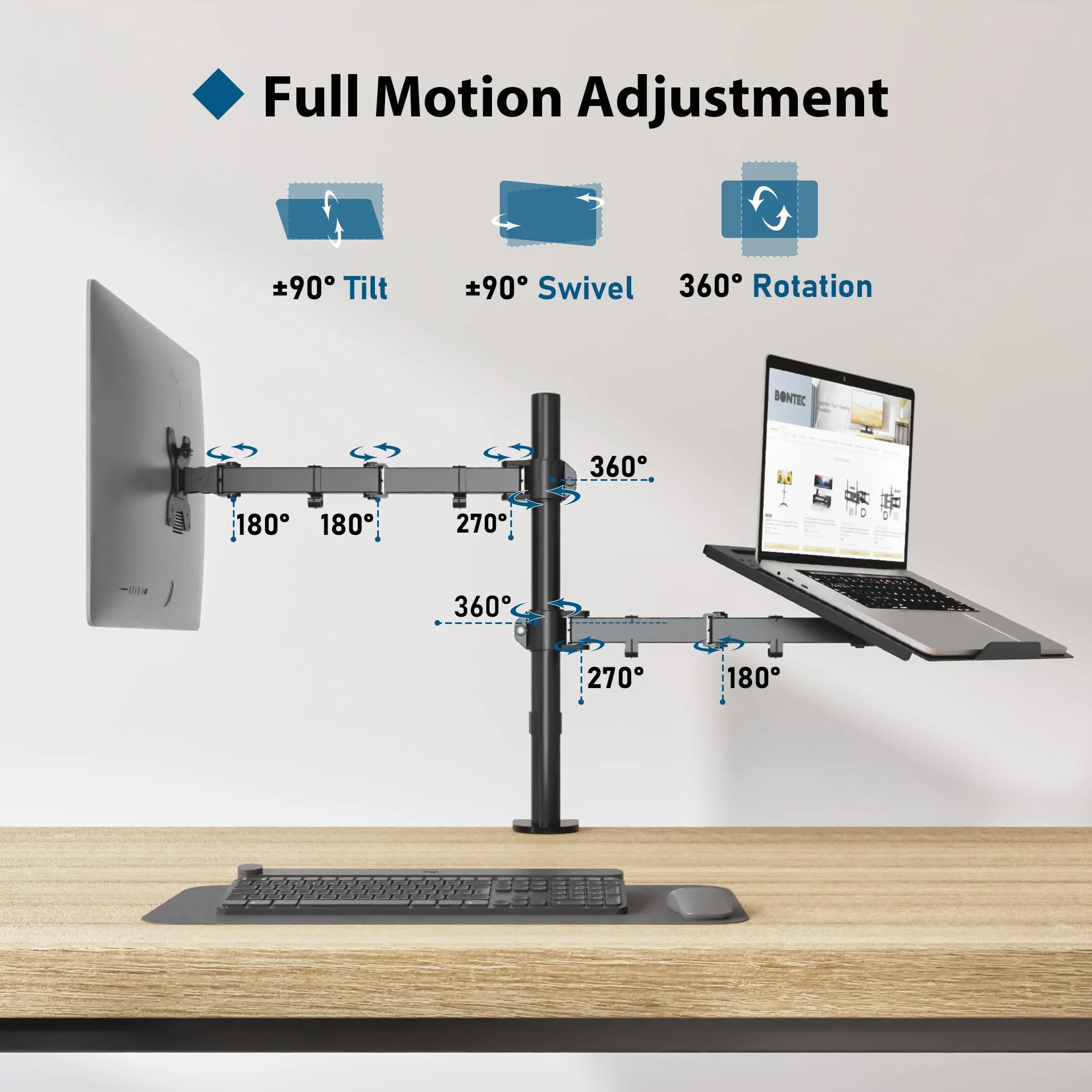 BONTEC Ramię monitora z tacą na laptopa, uchwyt na biurko na laptopa do ekranu 13-27 cali i 17 cali, regulacja wysokości, pełny ruch VESA, obrót nachylenia o 360°, zarządzanie kablami w zestawie