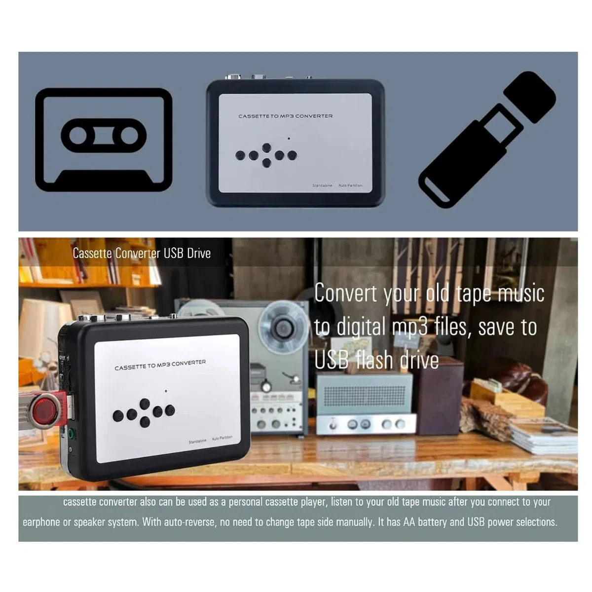 Przenośny Konwerter Magnetofonów Kasetowych, Kaseta z Dźwiękiem Stereo HiFi na MP3 za Pośrednictwem Karty SD, Wbudowany Mikrofon i Głośnik Odtwarzacz Kasetowy do Domowych