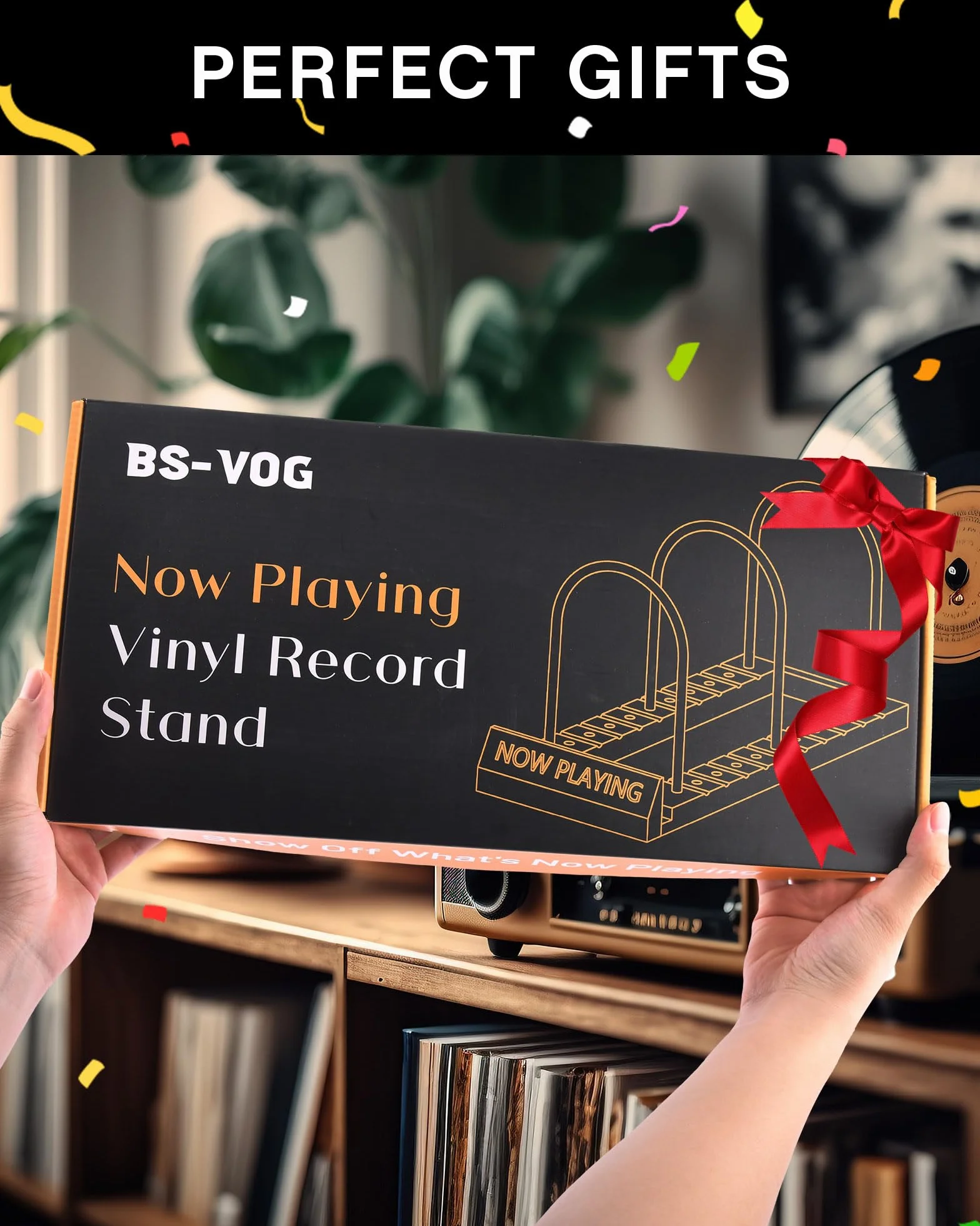 BS-VOG Stojak na płyty winylowe 50 płyt drewniany uchwyt spinningowy organizer
