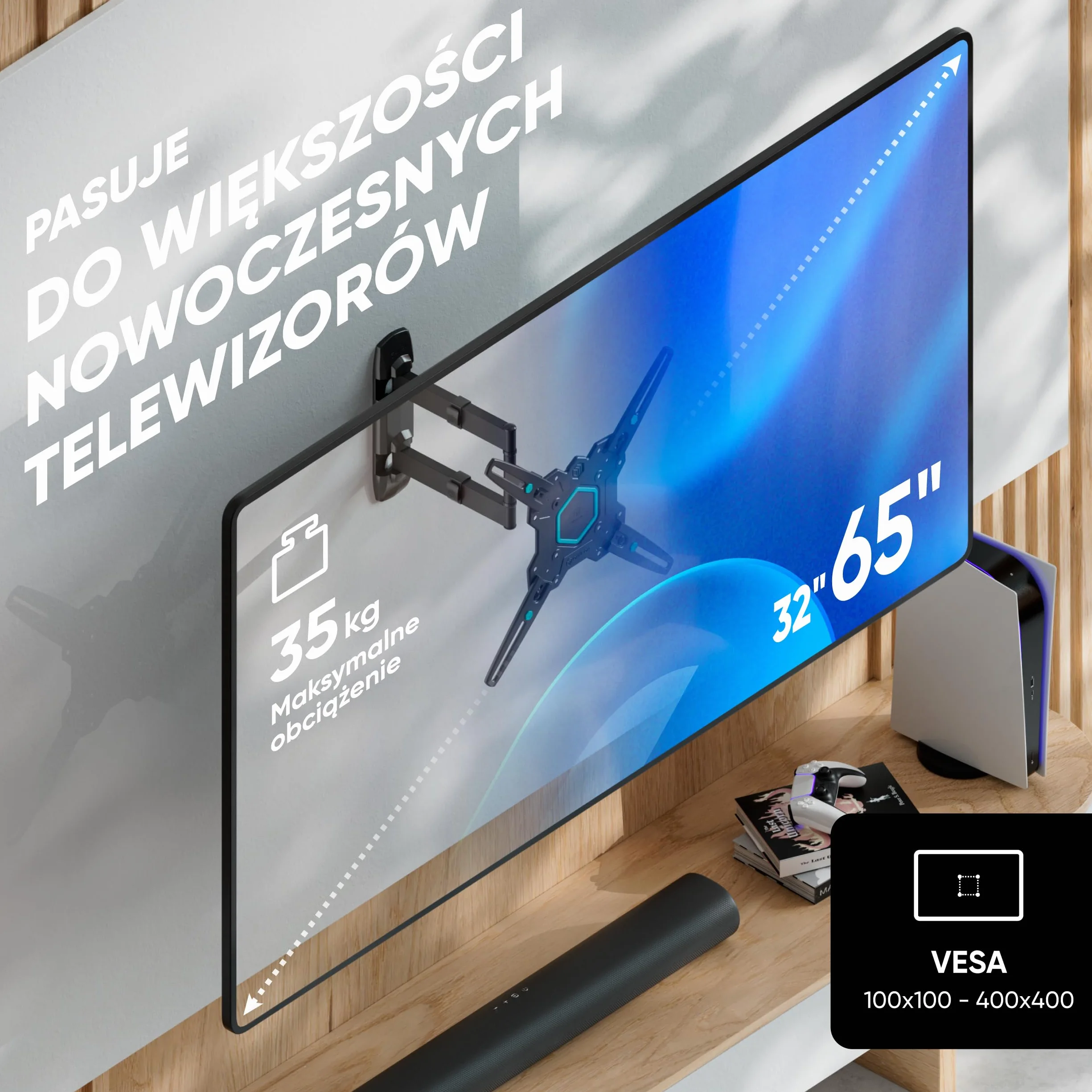 ONKRON Uchwyt Ścienny do Telewizora 32-65 Cali, maks. 35 Kg, Obrotowy i Pochylany Wieszak na TV, maks. VESA 400x400, Uniwersalny Wysuwane Ramię do Telewizora, Czarny M4-B