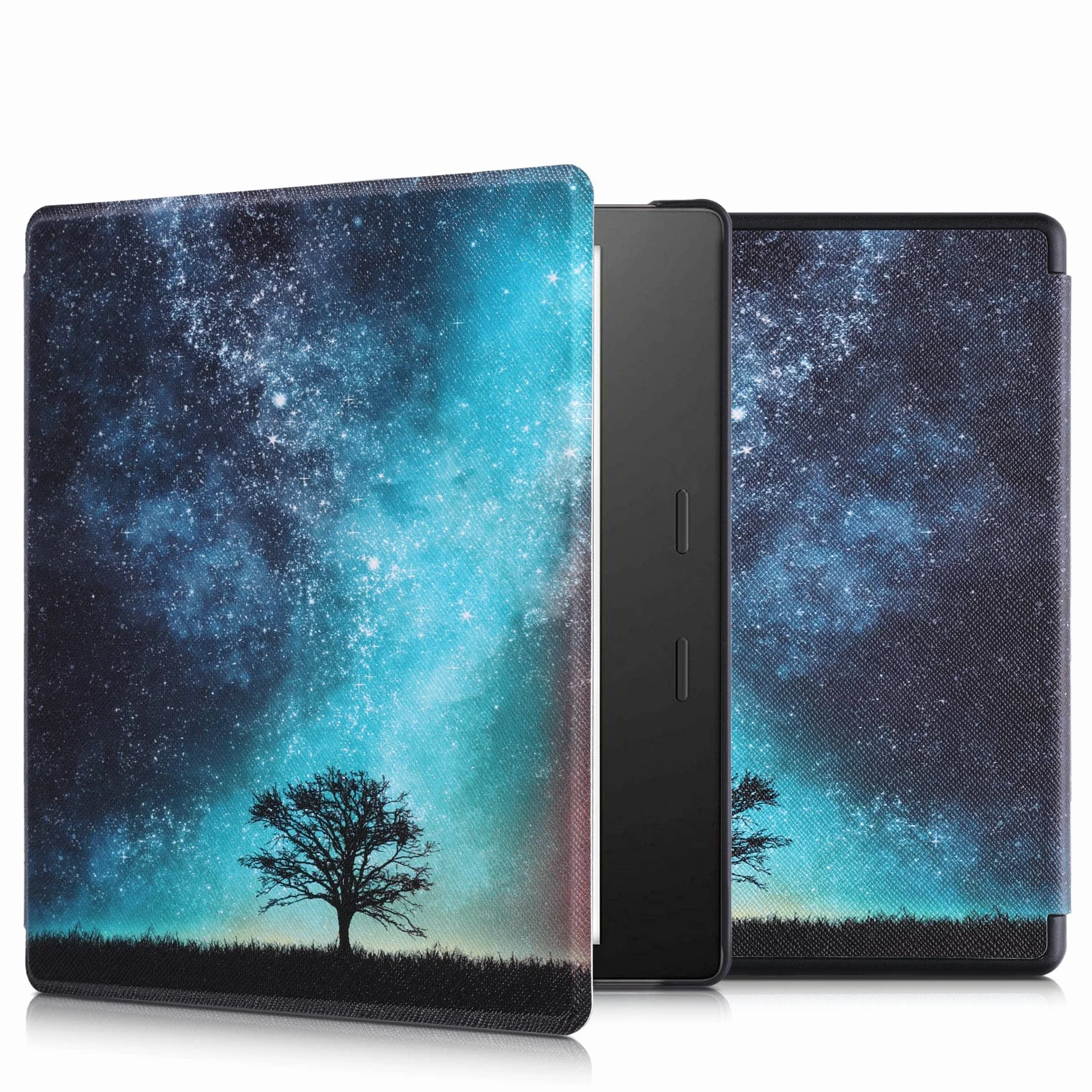 kwmobile Etui z Klapką Kompatybilne z Amazon Kindle Oasis 10. Generacji - Etui na czytnik e-booków - Galaxy Tree Meadow Niebieski Szary Czarny