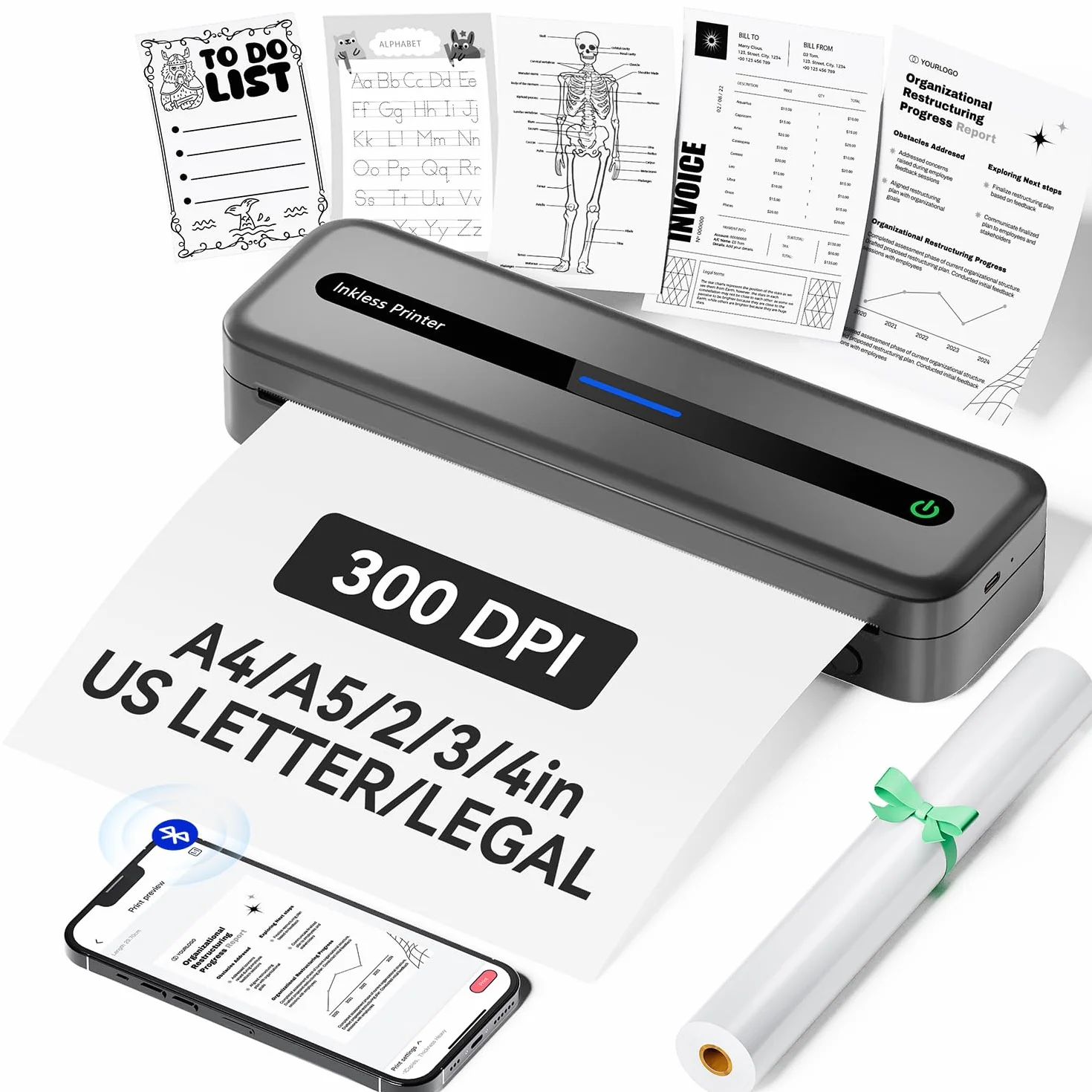 ASprink Drukarka Termiczna, Przenośna Drukarka Bezprzewodowa M832 na Papier Termiczny US Letter/A4/4"/3"/2", Przenośna Drukarka bez Atramentu dla Systemów Android i iOS - Szary