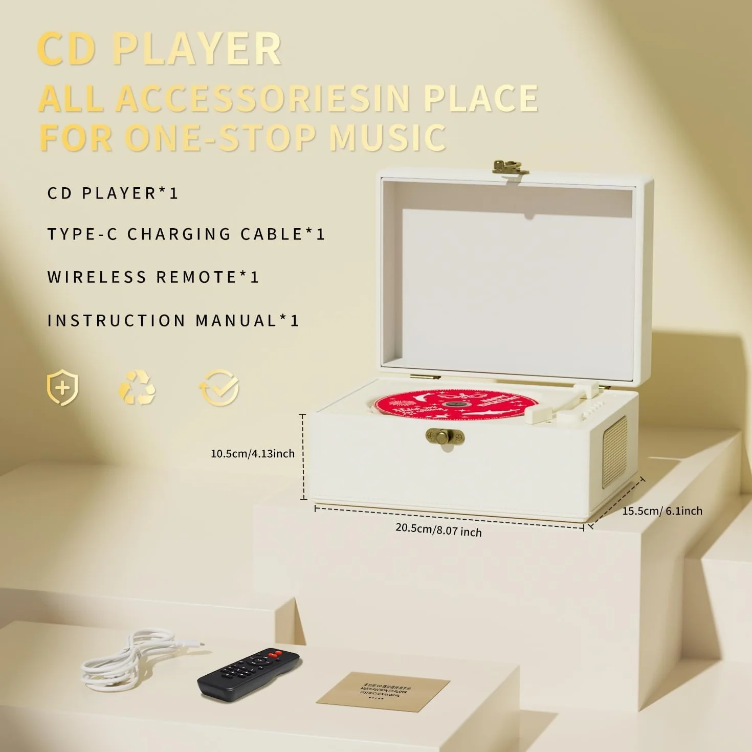 Yintiny Ładowalny skórzany odtwarzacz CD z głośnikami, nadajnik Bluetooth, prezent festiwalowy, odtwarzacz BGM do dekoracji wnętrz, biały