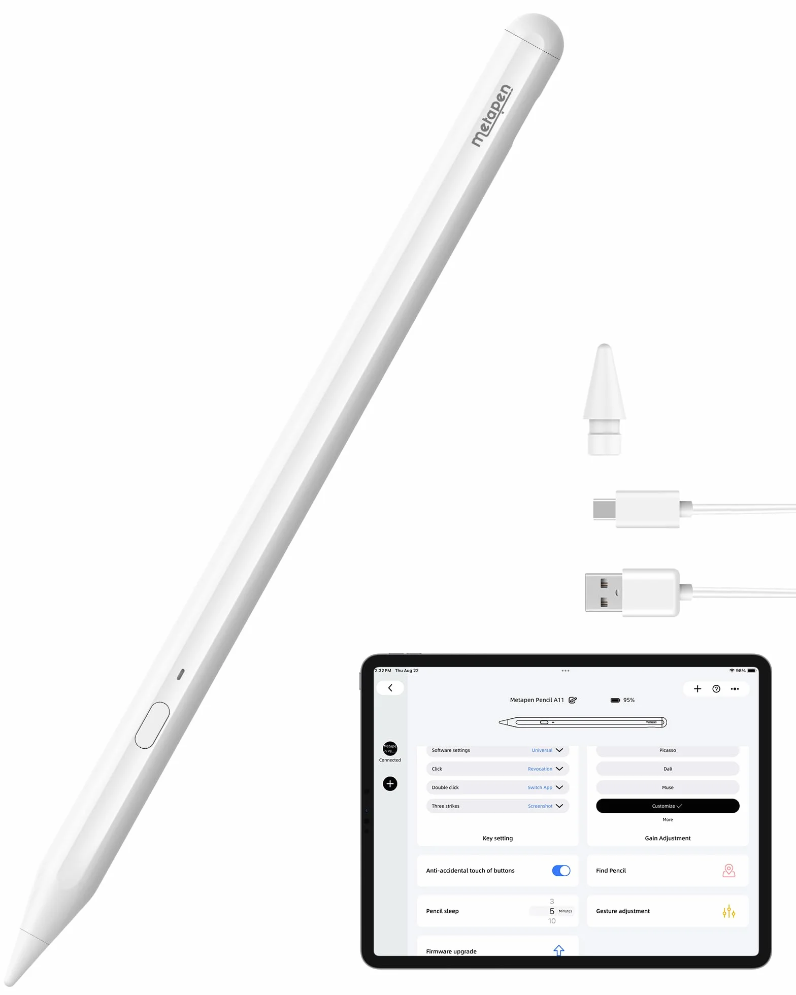 Metapen A11 Rysik do iPada 2018-2025,Szybkie ładowanie,Hotkey Bluetooth,Odrzucenie dłoni,Wykrywanie przechylenia,Pencil kompatybilny z Apple iPad 11 A16/10/9/8/7/6,Air 5/4/3/M2/M3,Pro 12.9''/11''/M4
