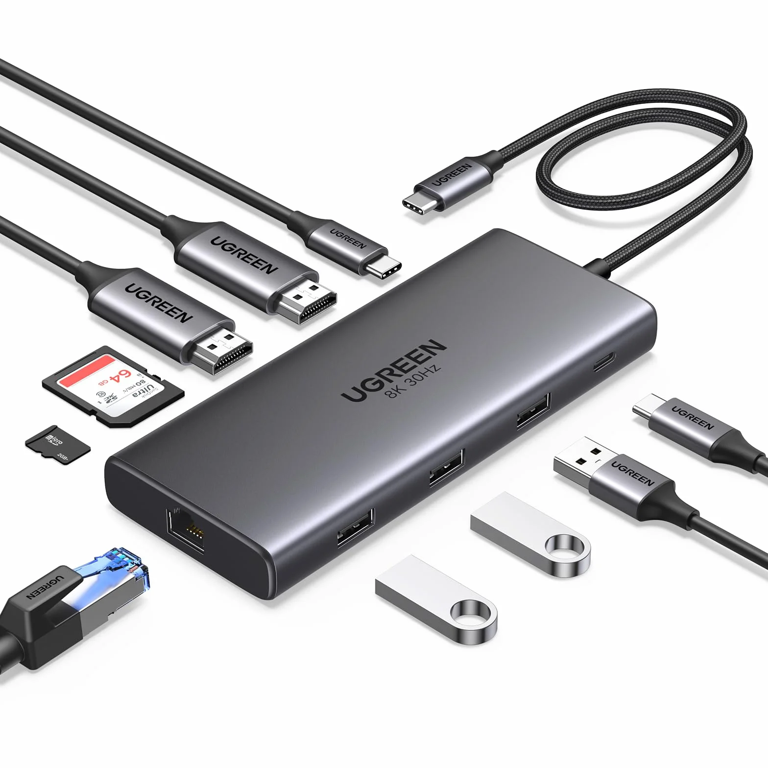 UGREEN Revodok Pro USB C Docking Station 2HDMI, Ethernet, 4x porty USB C/USB A, szybkie ładowanie PD 100W, czytnik kart SD/TF Hub USB C 10 w 1