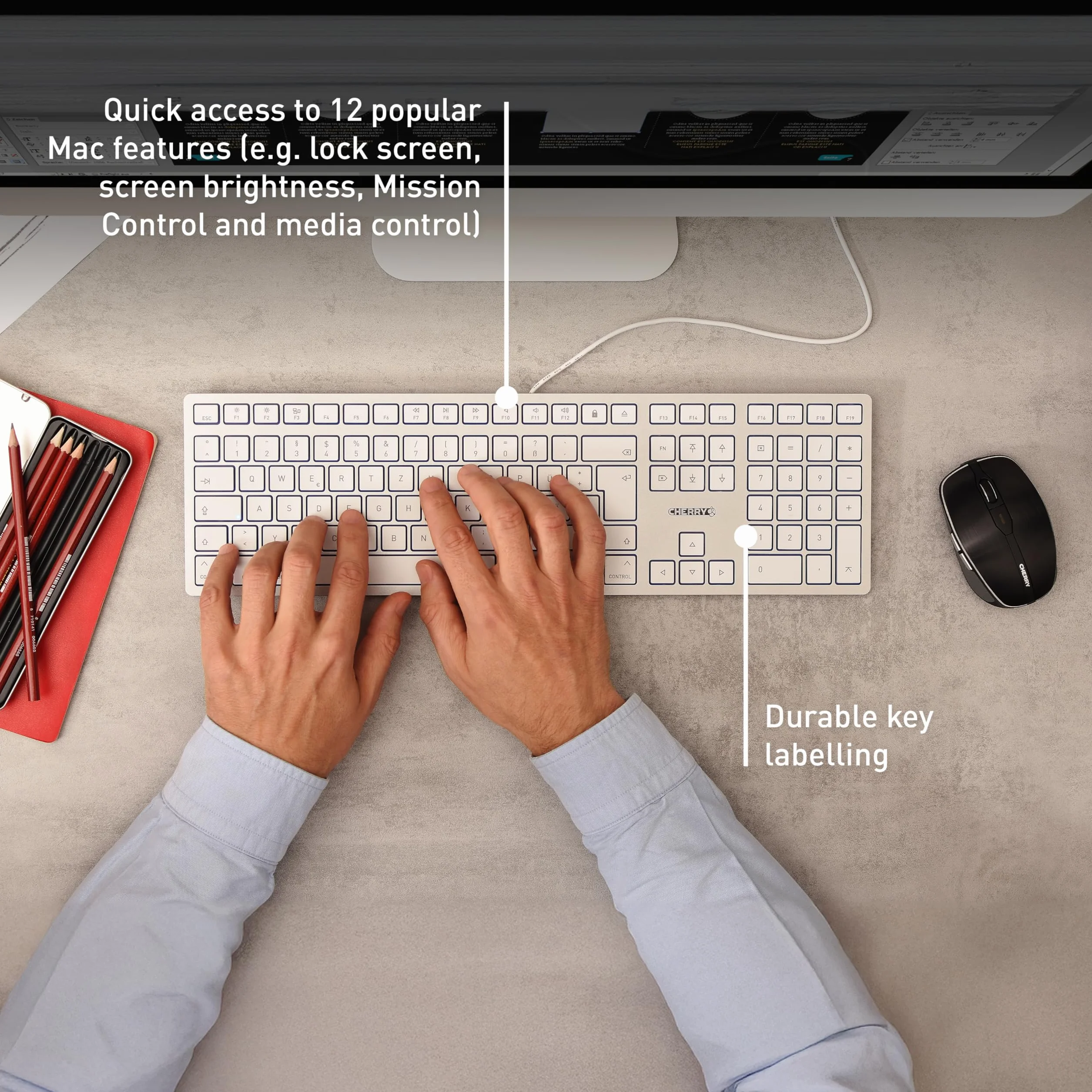 CHERRY KC 6000 SLIM FOR MAC, przewodowa klawiatura Mac (złącze USB-A), układ UK (QWERTY), ciche klawisze, płaska konstrukcja, biało-srebrna