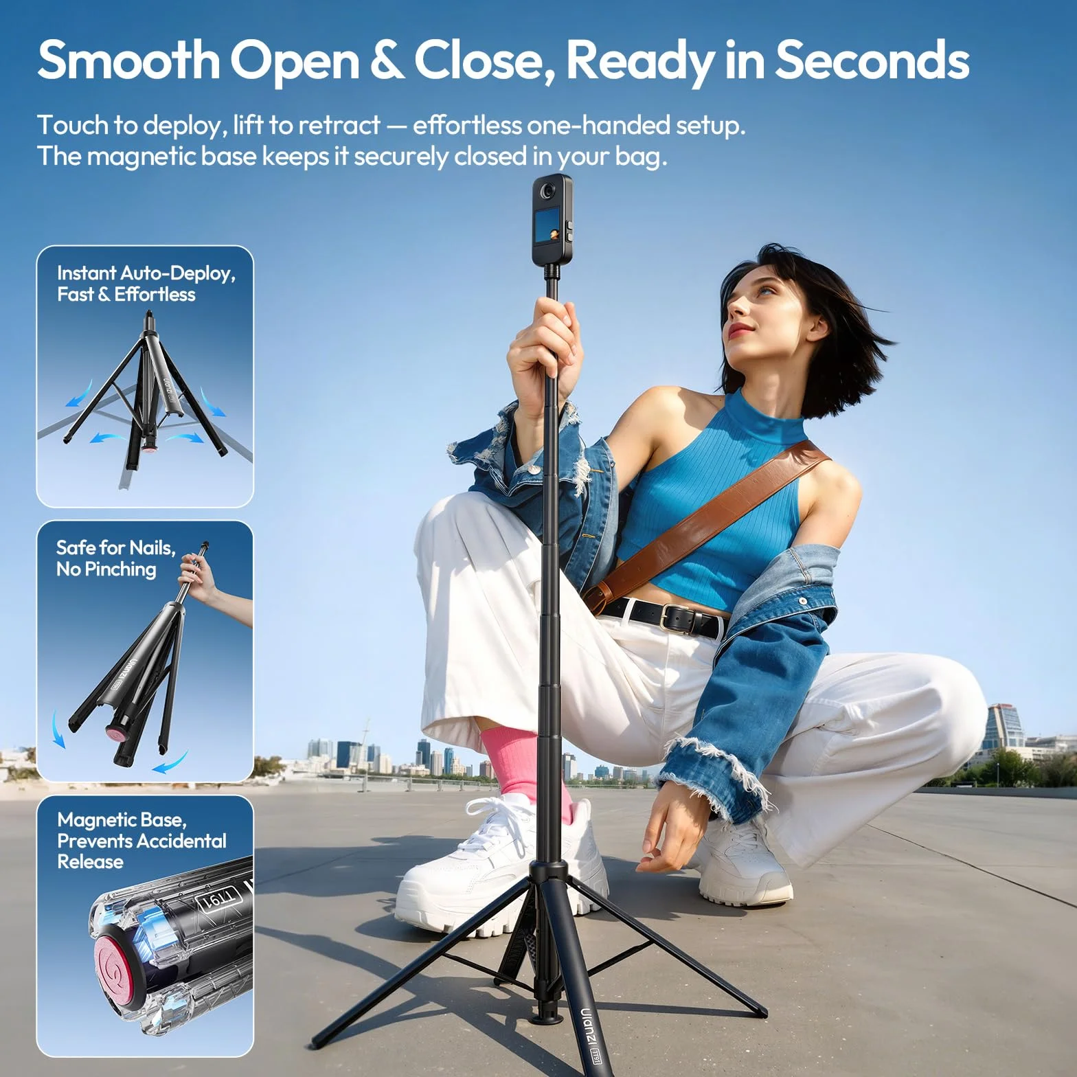ULANZI TT91 Niewidoczny Statyw-Selfie Stick, automatyczne rozkładanie i magnetyczne zamykanie, 4 nogi, 2 w 1, 8-sekcyjny wysuw do 166 cm, uchwyt 1/4" do Insta360 X5/X4/X3/DJI Osmo 360