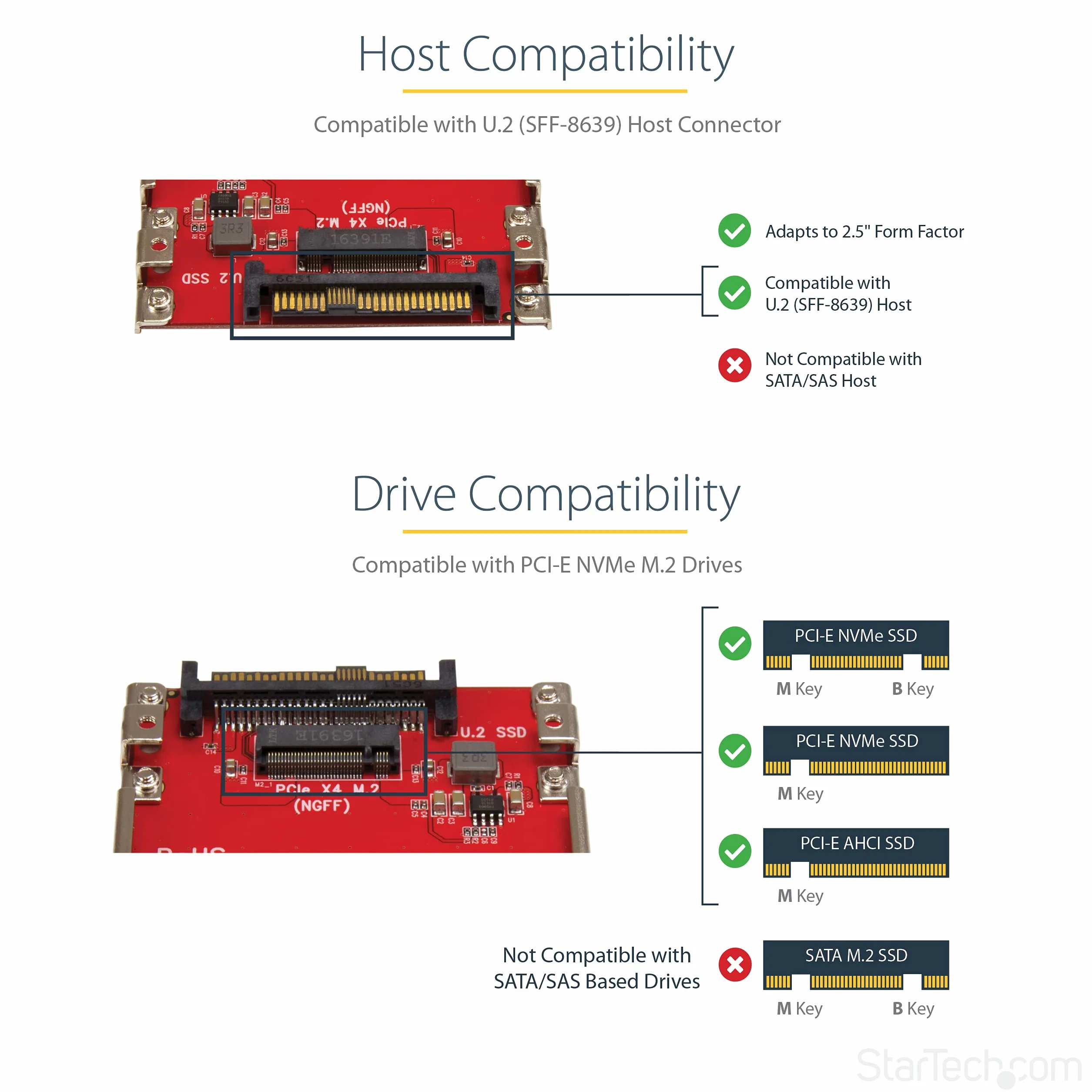 StarTech.com Adapter M.2 do U.2, dla SSD M.2 PCIe NVMe, Adapter PCIe M.2 do 2.5" U.2 (SFF-8639), Konwerter SSD M2, Czerwony (U2M2E125)