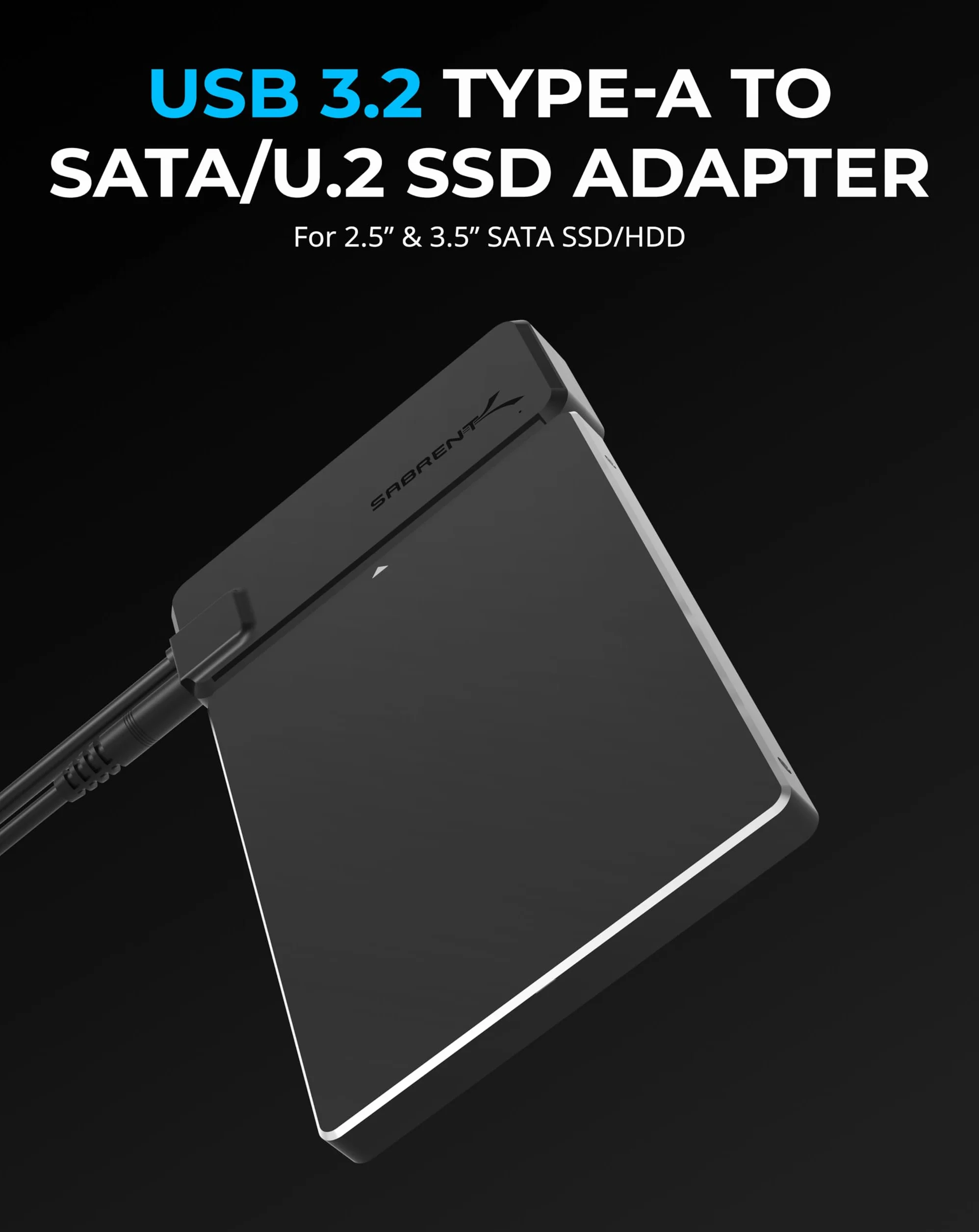 SABRENT Adapter USB 3.2 na SATA SSD/HDD lub U.2, adapter 6.3 cm i 8.9 cm, super szybki transfer danych 10 Gb/s konwerter dysku twardego, obsługuje TRIM i UASP z zasilaczem (EC-U2SA)