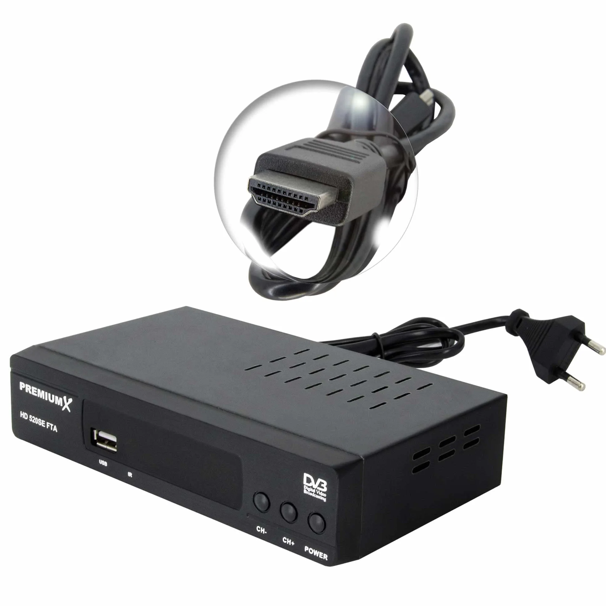 PremiumX odbiornik satelitarny HD 520SE FTA Digital SAT, DVB-S2 FullHD HDMI SCART 2 X USB odtwarzacz multimedialny, Astra Hotbird wstępnie zaprogramowany