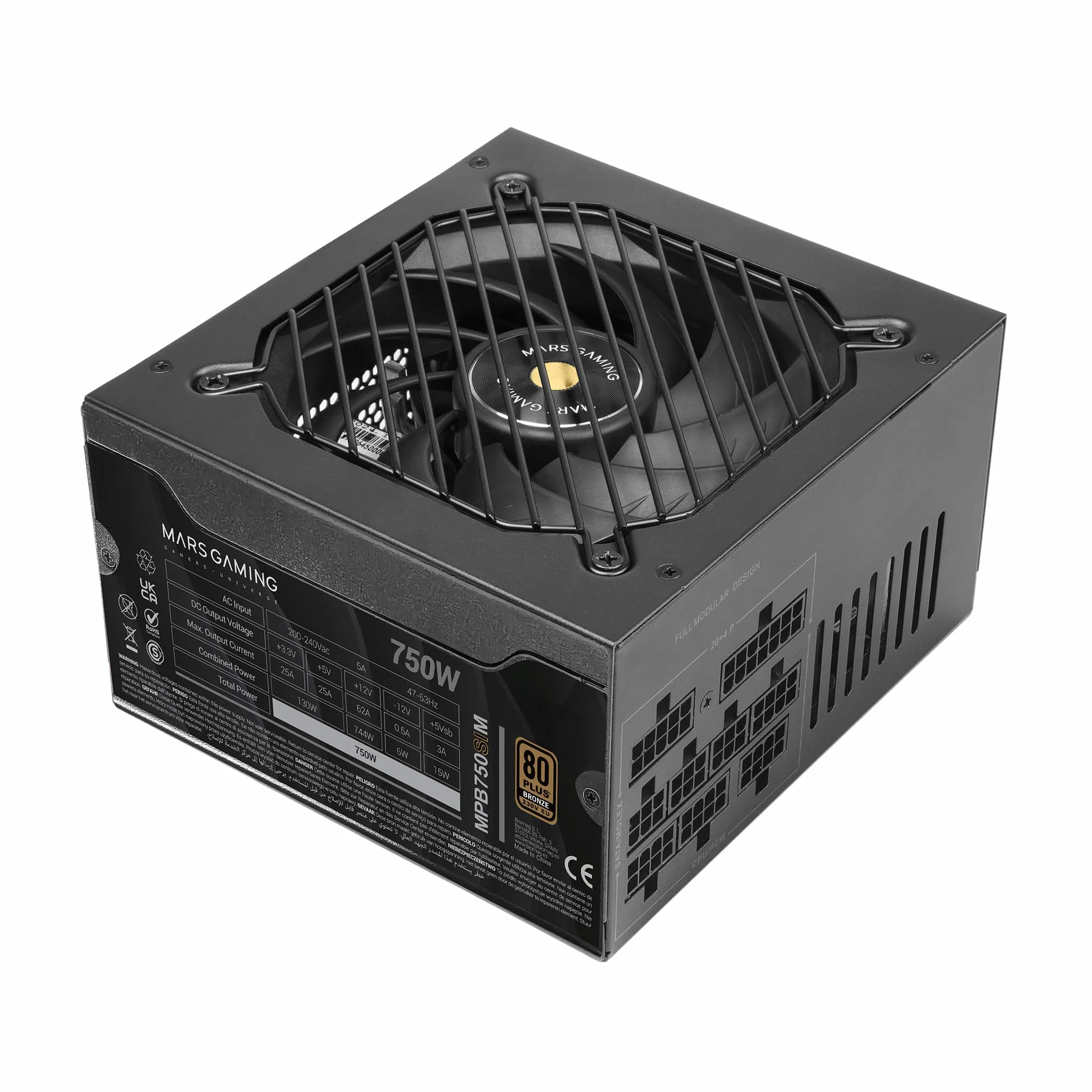 MARS GAMING MPB750SIM, W pełni modularny zasilacz ATX 750W, 7 lat gwarancji, 80Plus Bronze 230V EU, 90% efektywności, wentylator SI Extreme Silence 140mm, technologie AI2-RPM, DC-DC i SMD, Czarny