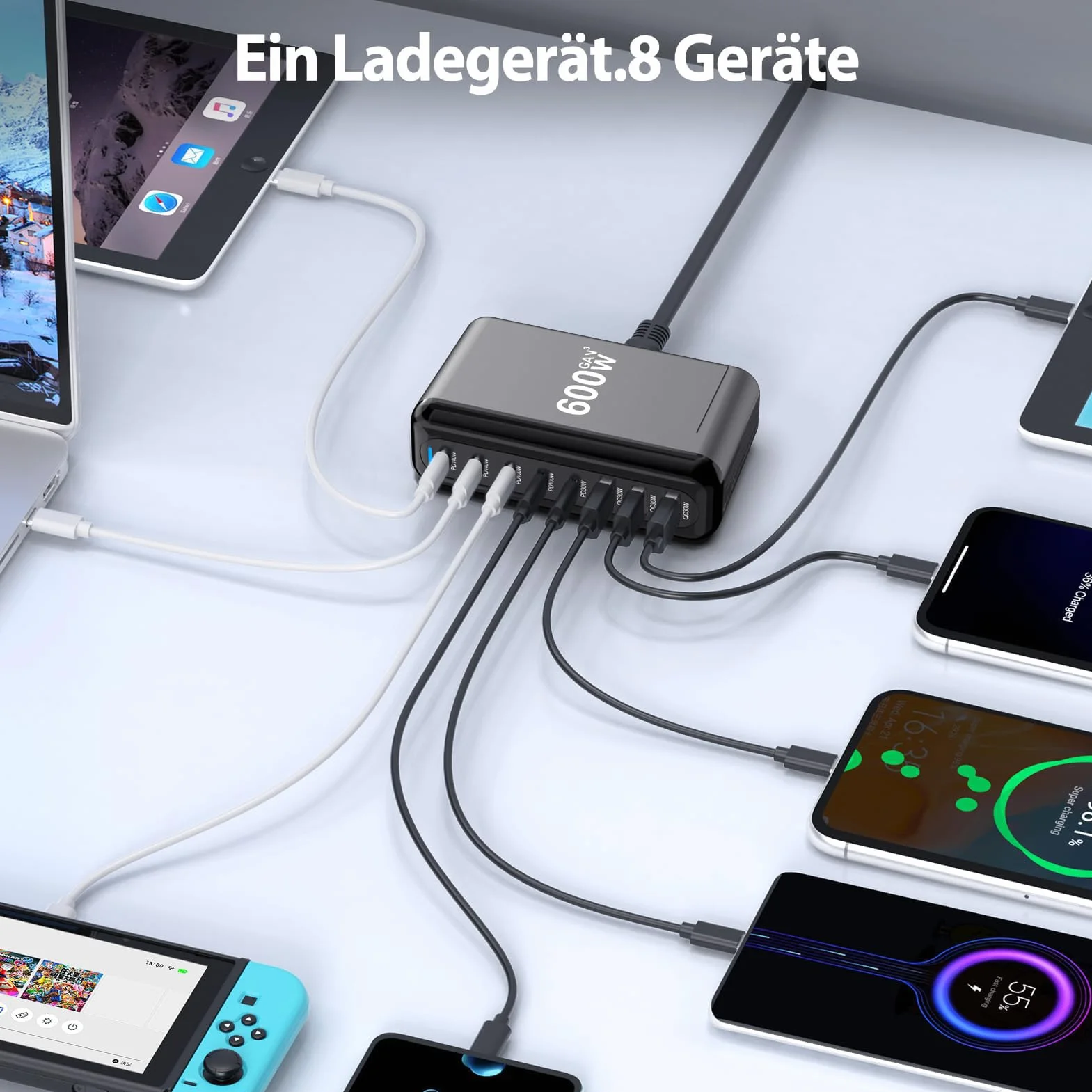 Blok ładowarki USB C, 600 W, 8 portów, GaN, szybka ładowarka do laptopa, iPada, iPhone'a 17 Pro Max, szybka ładowarka, Pixel DELL MacBook Pro/Air Galaxy S25, Steam Deck USB C, 140 W, adapter do systemu Android