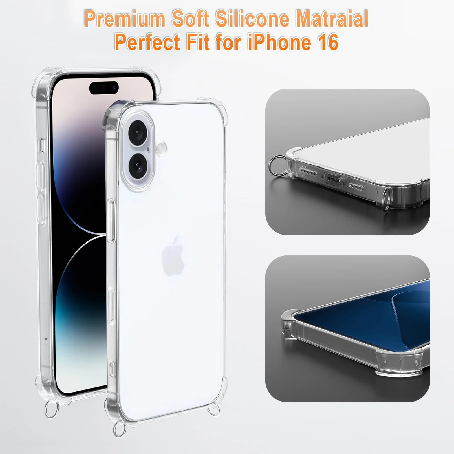 XTCASE Etui na iPhone 16 z paskiem, przezroczyste silikonowe etui na iPhone 16 z łańcuszkiem, odporne na uderzenia - sznurek z etui do zawieszenia w kolorze czarnym