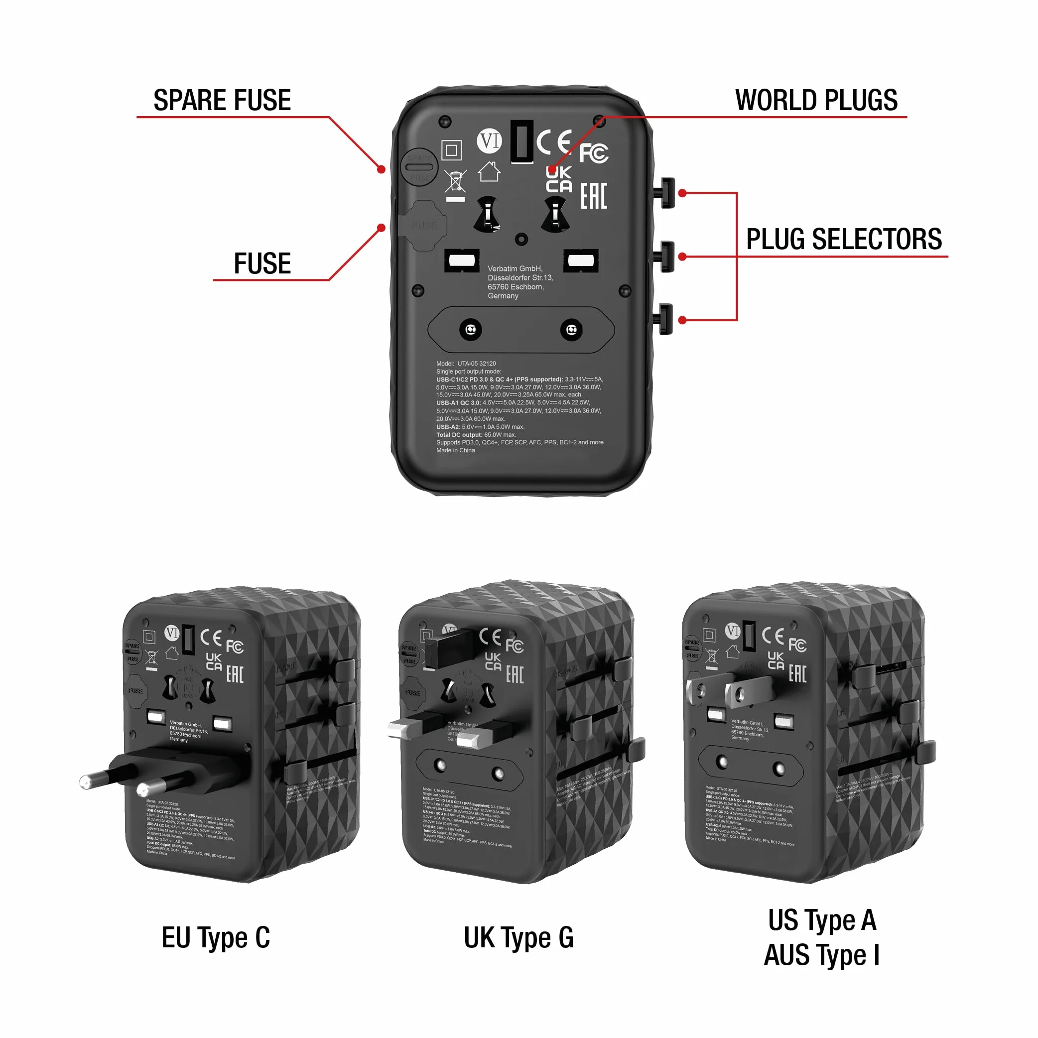 Verbatim GaN uniwersalny adapter podróżny UTA‑05 65 W, z 2 portami USB‑A i 2 portami USB-C, szybka ładowarka do laptopa, telefonu komórkowego, aparatu fotograficznego i innych urządzeń przenośnych,