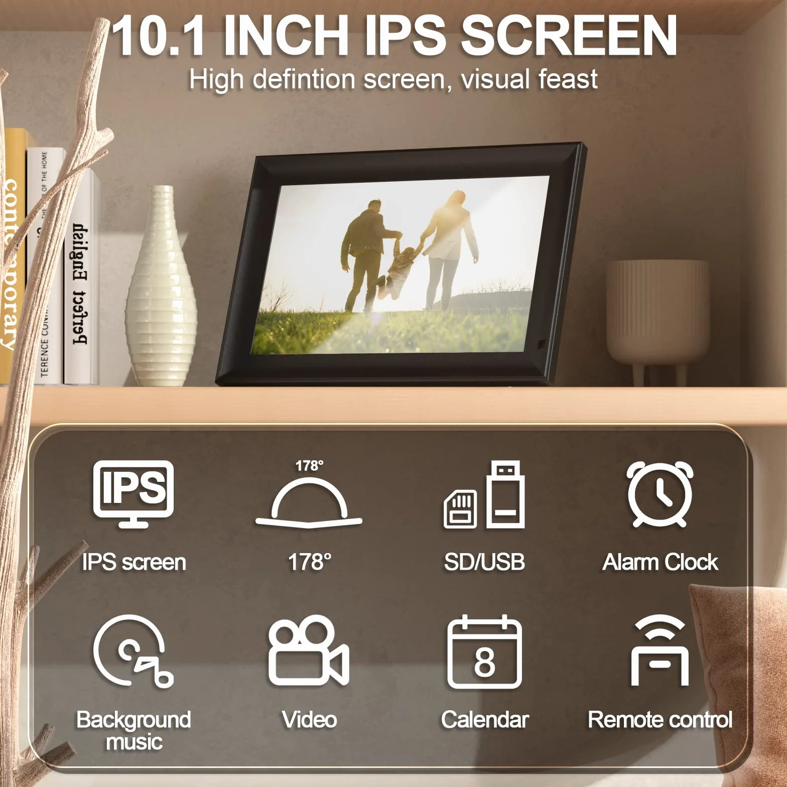 OBVHNUA Cyfrowa Ramka na Zdjęcia 10,1 cala Elektroniczna Ramka na Zdjęcia z Pełnym Ekranem IPS Automatyczne Obracanie Projekt USB SD Card Photo Muzyka Odtwarzacz Wideo Budzik z Pilotem