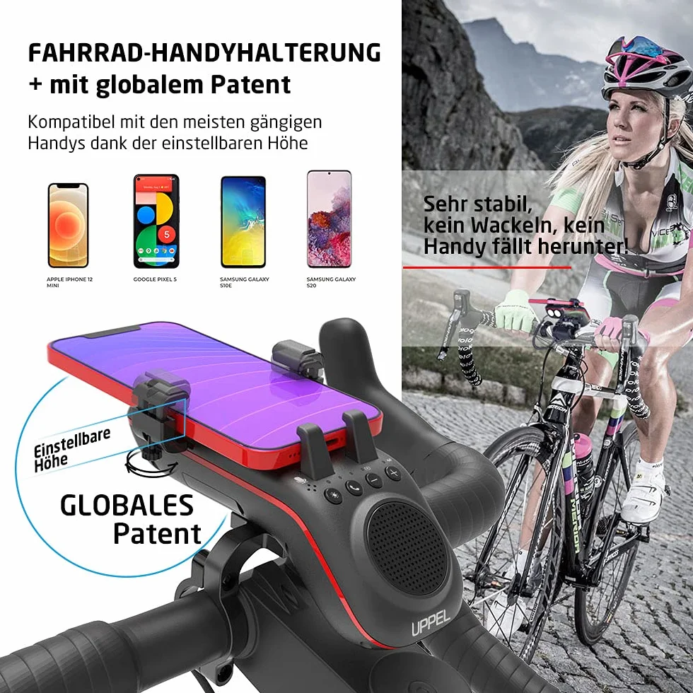 UPPEL Uchwyt rowerowy na telefon komórkowy z głośnikiem Bluetooth, powerbank 5000 mAh, dzwonek, mikrofon – wielofunkcyjny tryb TF/SD/AUX, do ekstremalnych i rekreacyjnych sportów rowerowych, rowerów