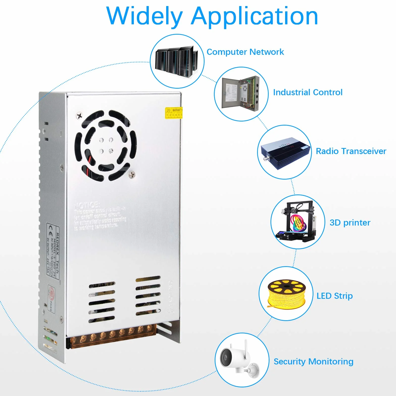 Redrex Uniwersalny regulowany zasilacz impulsowy 24 V 15 A DC, 360 W, zbudowany z wentylatorem chłodzącym o regulowanej temperaturze do CCTV, projektu komputerowego, drukarki 3D, sterownika LED