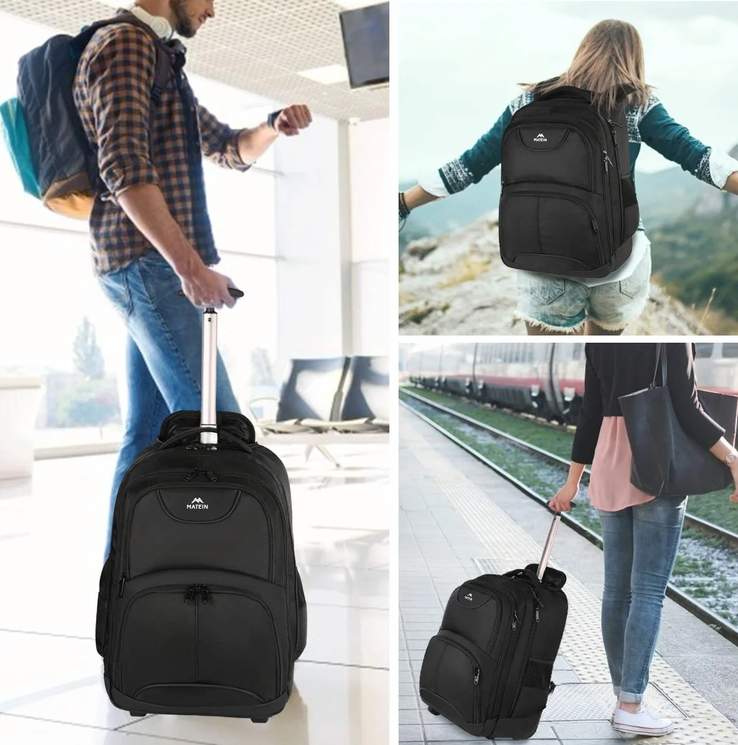 MATEIN Plecak podróżny na kółkach duży damski na laptopa 17 cali czarny