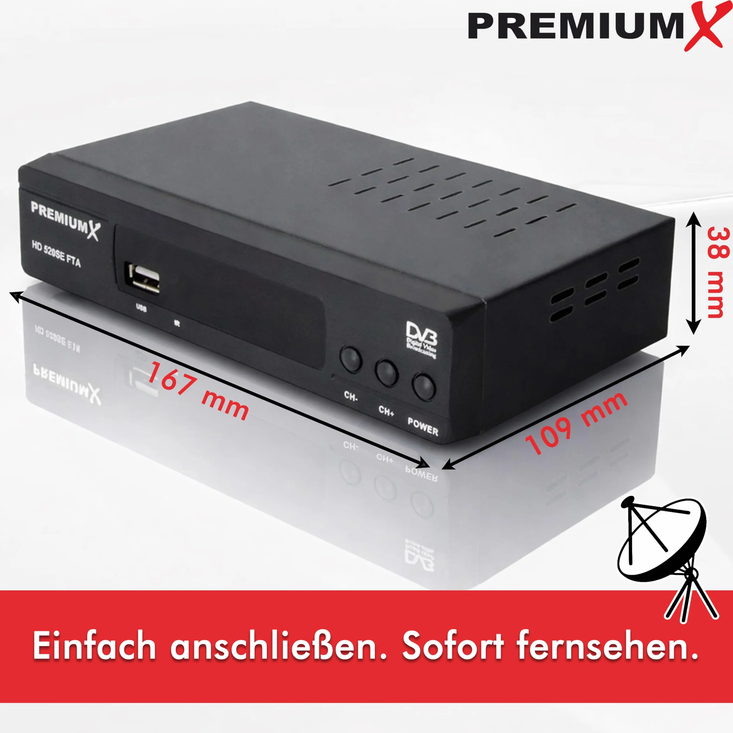 PremiumX odbiornik satelitarny HD 520SE FTA Digital SAT, DVB-S2 FullHD HDMI SCART 2 X USB odtwarzacz multimedialny, Astra Hotbird wstępnie zaprogramowany
