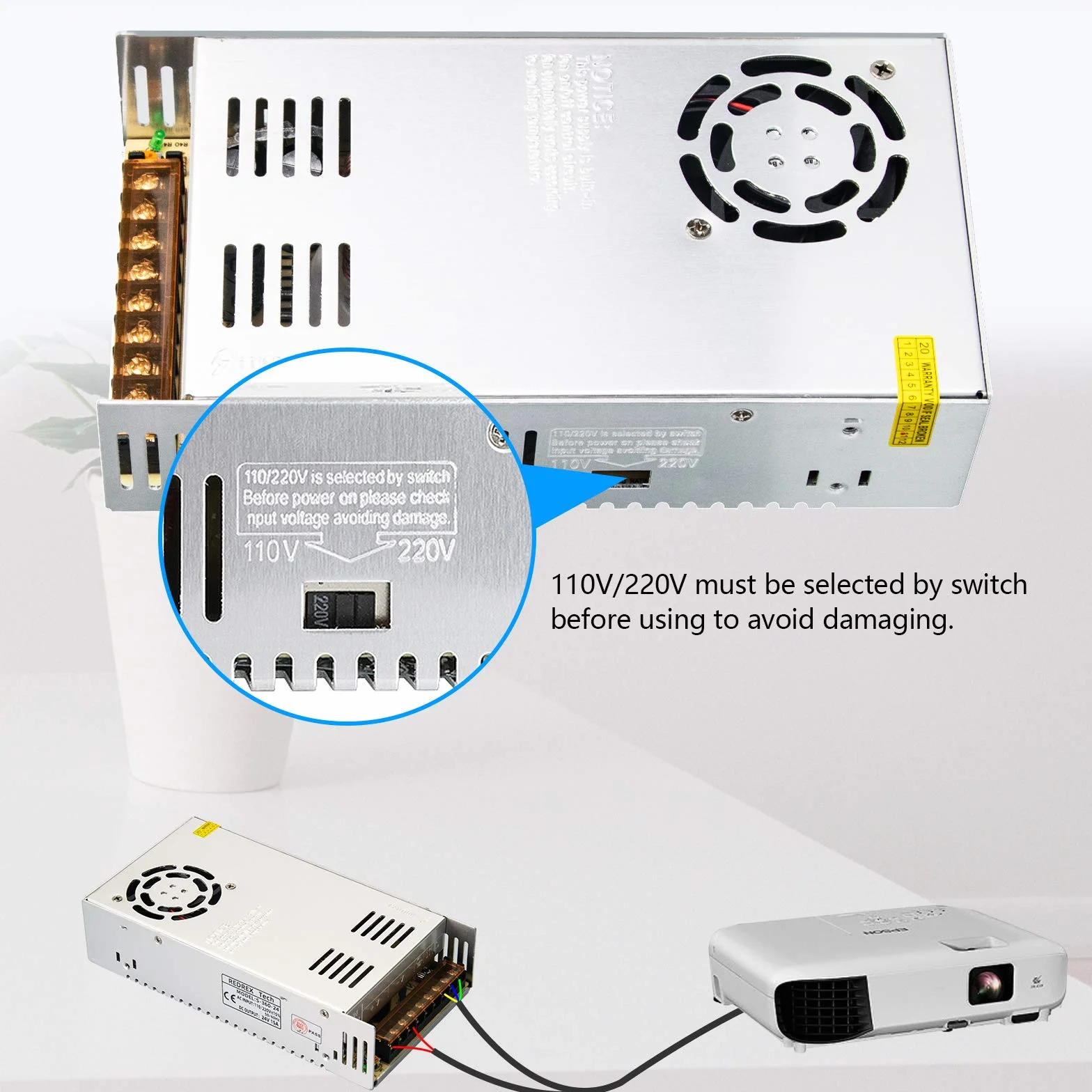 Redrex Uniwersalny regulowany zasilacz impulsowy 24 V 15 A DC, 360 W, zbudowany z wentylatorem chłodzącym o regulowanej temperaturze do CCTV, projektu komputerowego, drukarki 3D, sterownika LED