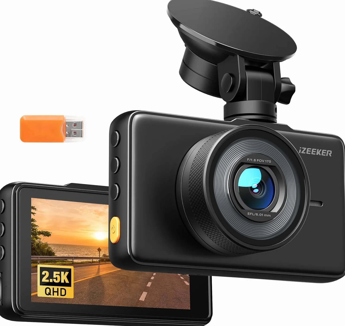 iZEEKER 2.5K Kamera samochodowa, 1440P QHD z darmową kartą 32 GB, 3-calowy wyświetlacz IPS, tryb nocny, WDR, szeroki kąt widzenia 170°, nagrywanie w pętli, nagrywanie awaryjne z czujnikiem G