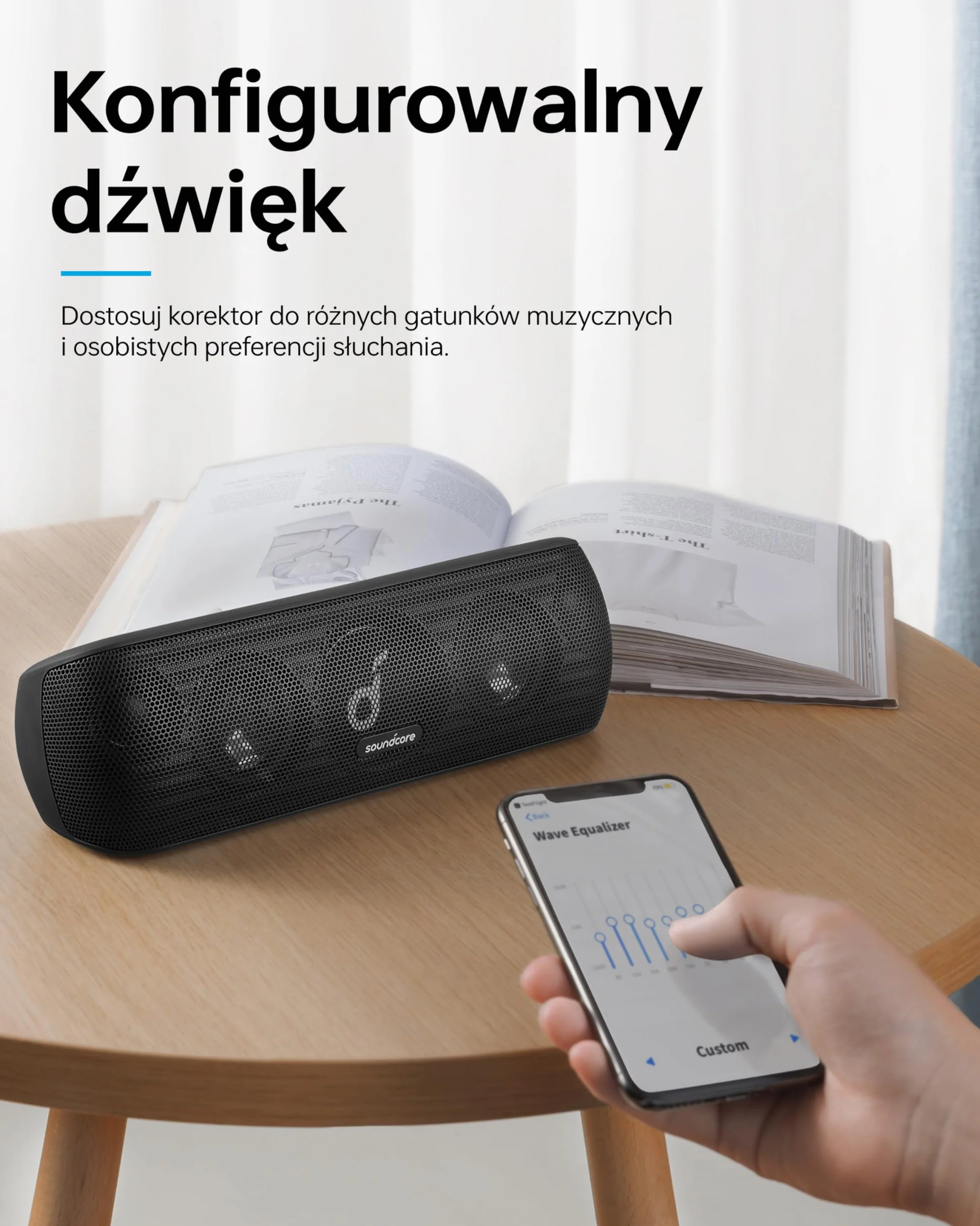 Soundcore Motion+ bezprzewodowy głośnik Bluetooth wysokiej jakości 30 W, rozszerzony bas i wysokie tony, z aplikacją, możliwość dostosowania EQ, 12-godzinny czas odtwarzania (Czarny)