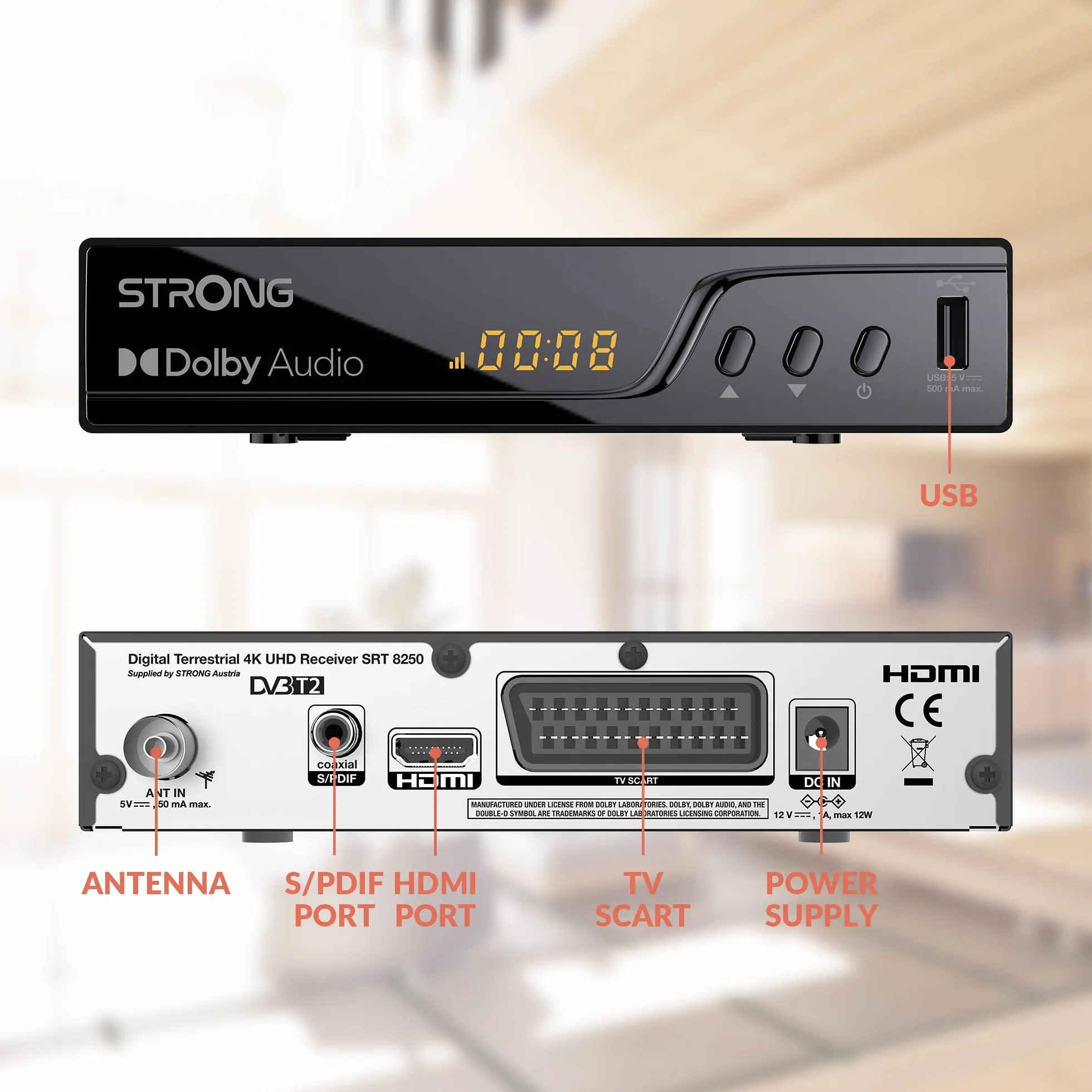 STRONG Dekoder TNT UHD 4K|DVB-T2|Kompatybilny z HEVC265|Odbiornik/Tuner TV Rejestrator USB|DOLBY Digital Plus|HDMI|SCART