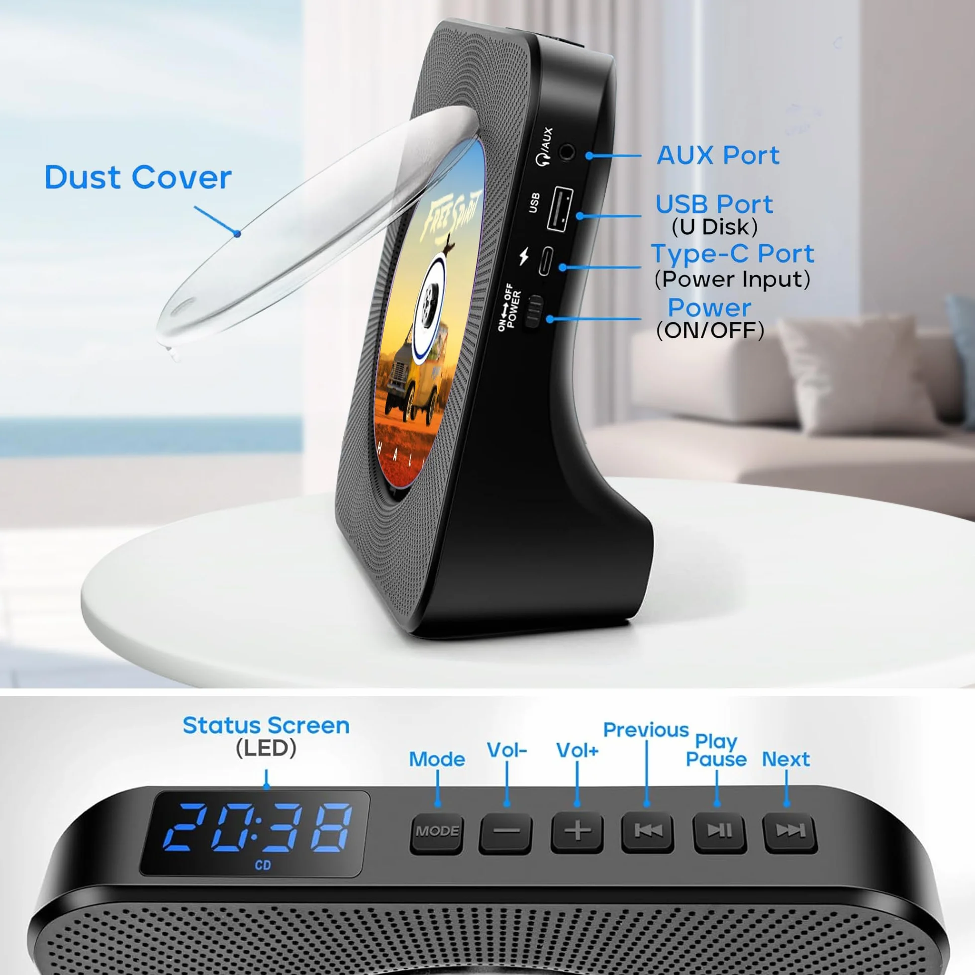Przenośny Odtwarzacz CD Bluetooth z Radio FM, Głośniki, Pilot, Bateria 4000 mAh, USB, AUX