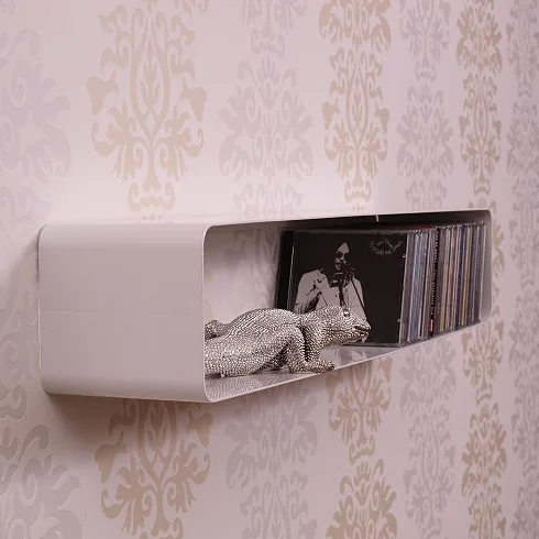 Lounge Design półka na płyty CD Cube | 80 cm, lakierowany metal | Retro półka ścienna, styl lat 60. i 70., przechowywanie płyt CD, regał ścienny | Kolor: biały
