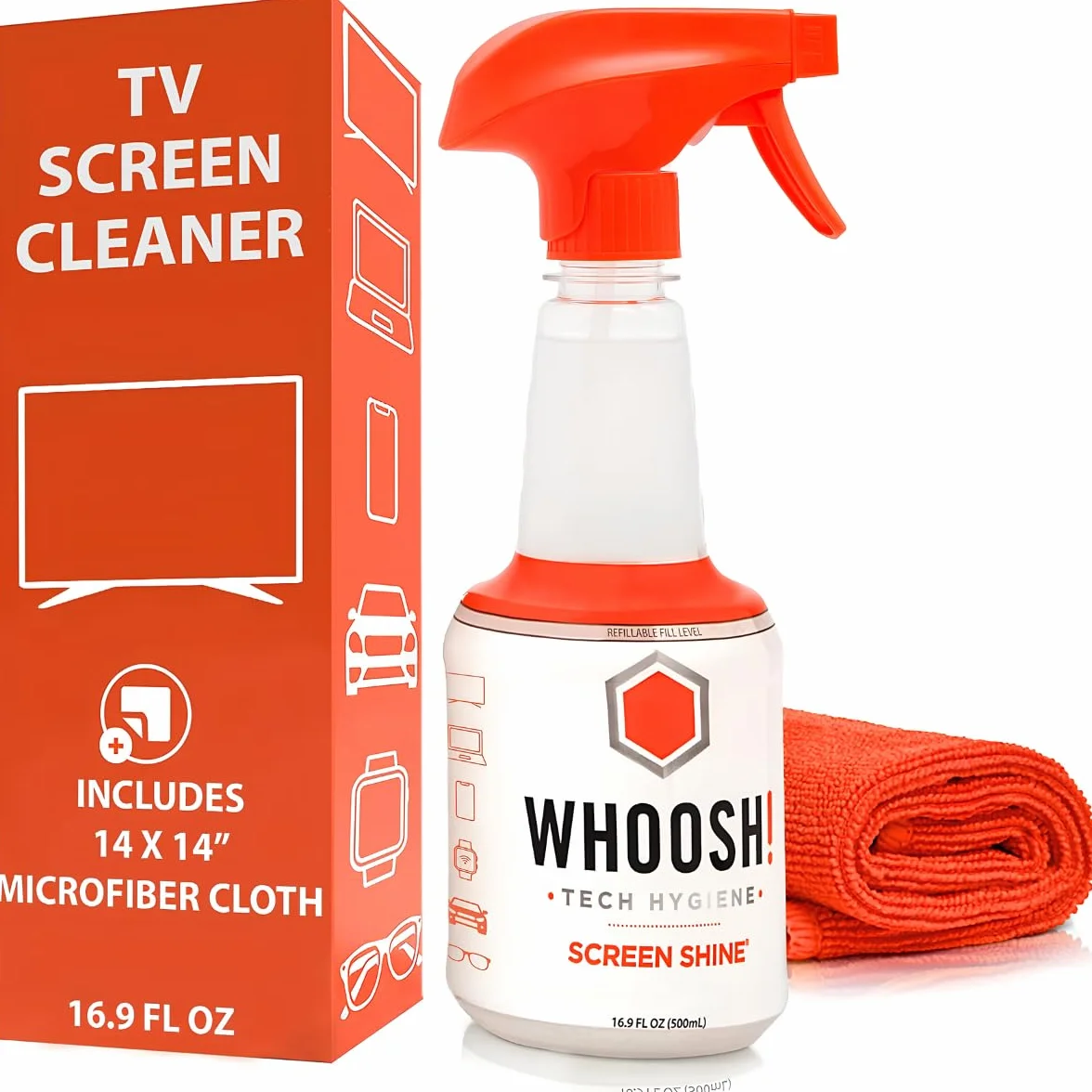 WHOOSH! Screen Shine Pro Spray do Czyszczenia Ekranu 500 ml, Bez Smug, Bez Alkoholu, TV OLED LCD, Monitor, Laptop, Smartphone, Wielokrotnego Napełniania, Ściereczka