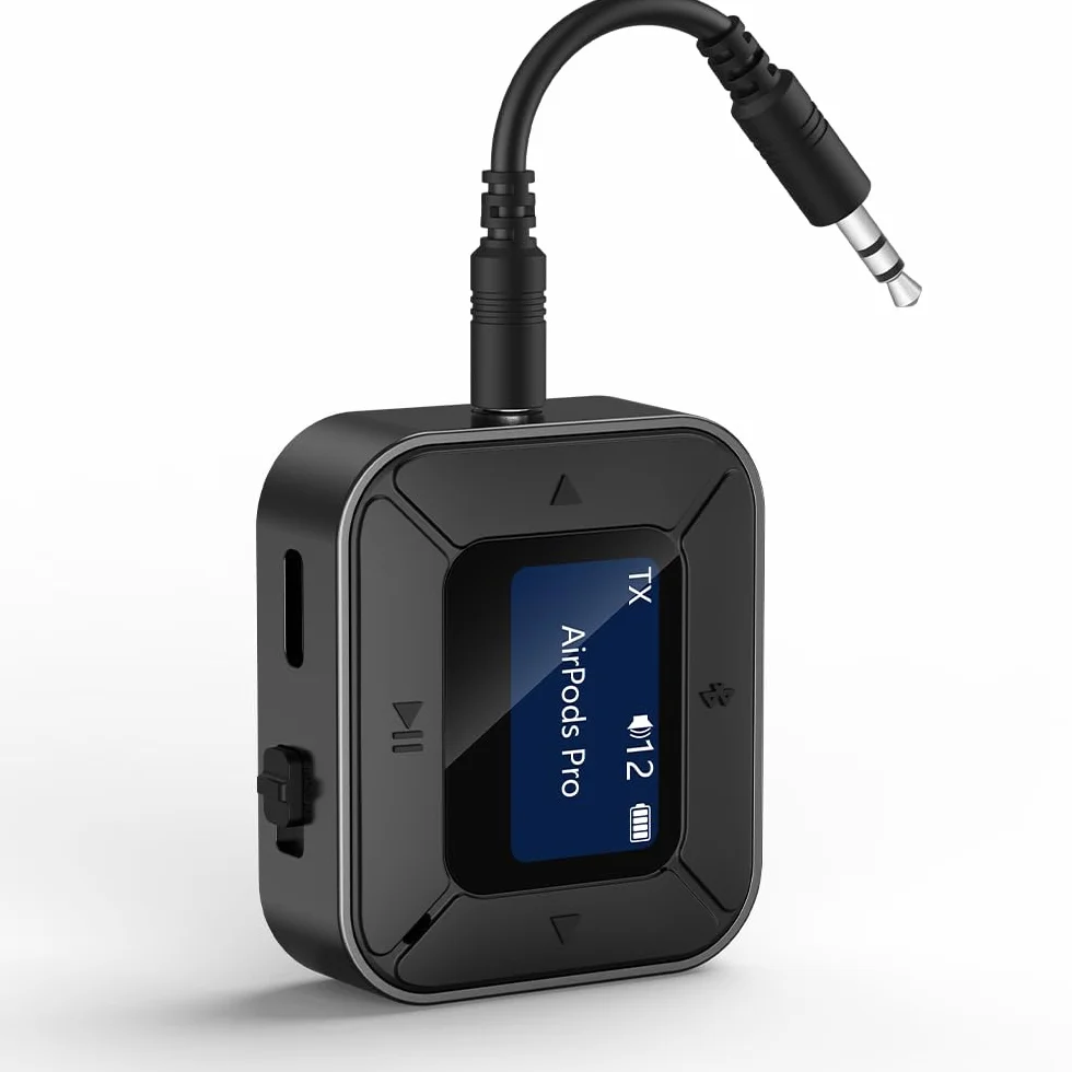 Nadajnik Bluetooth 5.3, odbiornik audio 2 w 1, adapter audio z gniazdem AUX 3,5 mm do samolotu, telewizora, systemu stereo, samochodu – niskie opóźnienie, ekran na 2 słuchawki, słuchawki