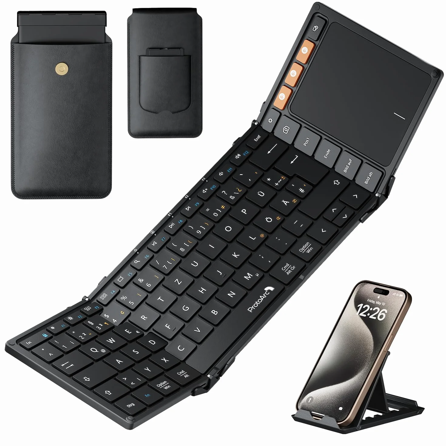 ProtoArc XK01 TP klawiatura Bluetooth składana z touchpadem, bezprzewodowa klawiatura składana QWERTZ niemiecka z dużym touchpadem dla iPad, iOS, Android, Windows Laptop PC Tablet - Czarny