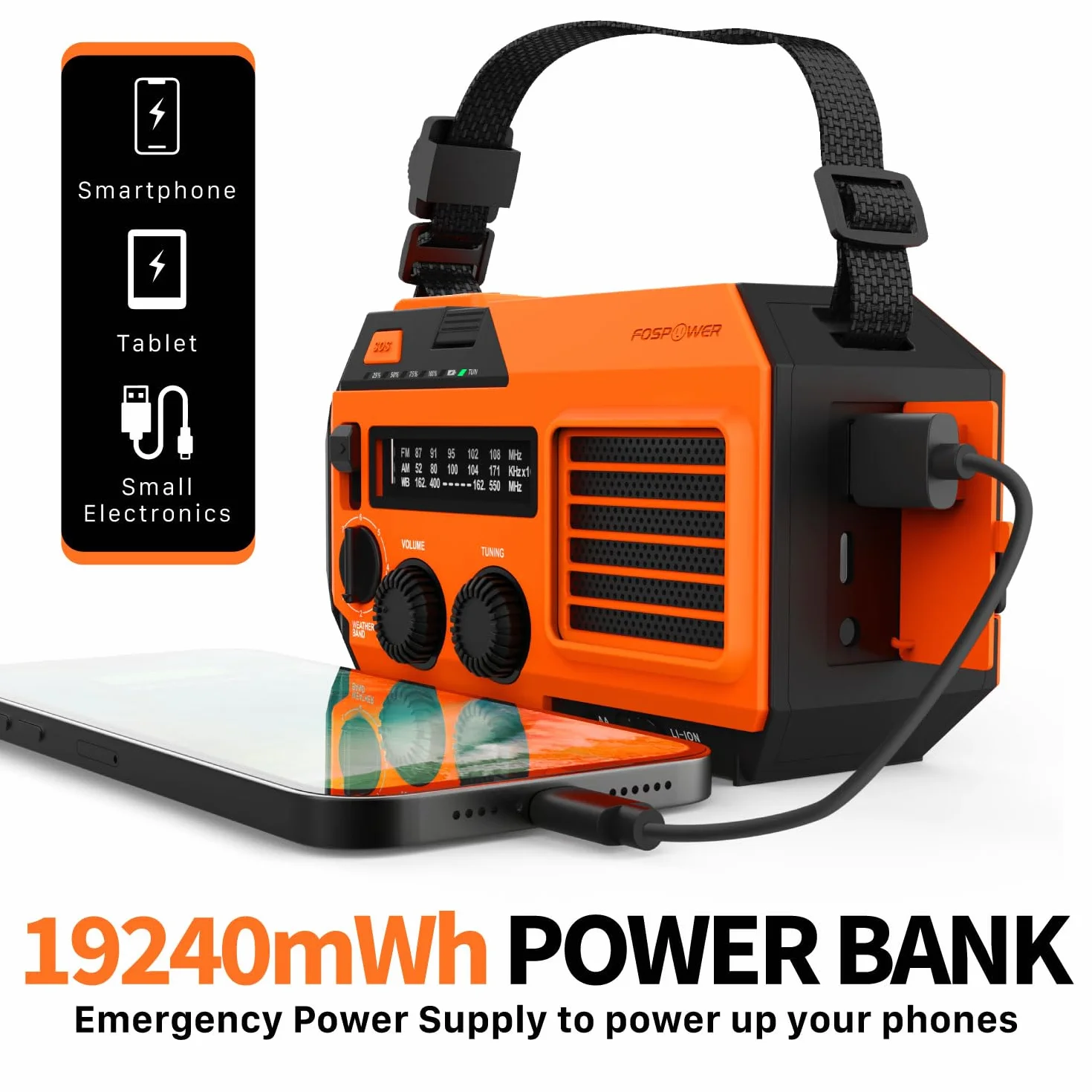 FosPower Awaryjne radio pogodowe (model A6) NOAA/AM/FM z przenośnym powerbankiem 18500 mWh, ładowanie USB/słoneczne/korbą ręczną, zasilanie bateryjne, alarm SOS i latarka do awaryjnego użytku wewnątrz