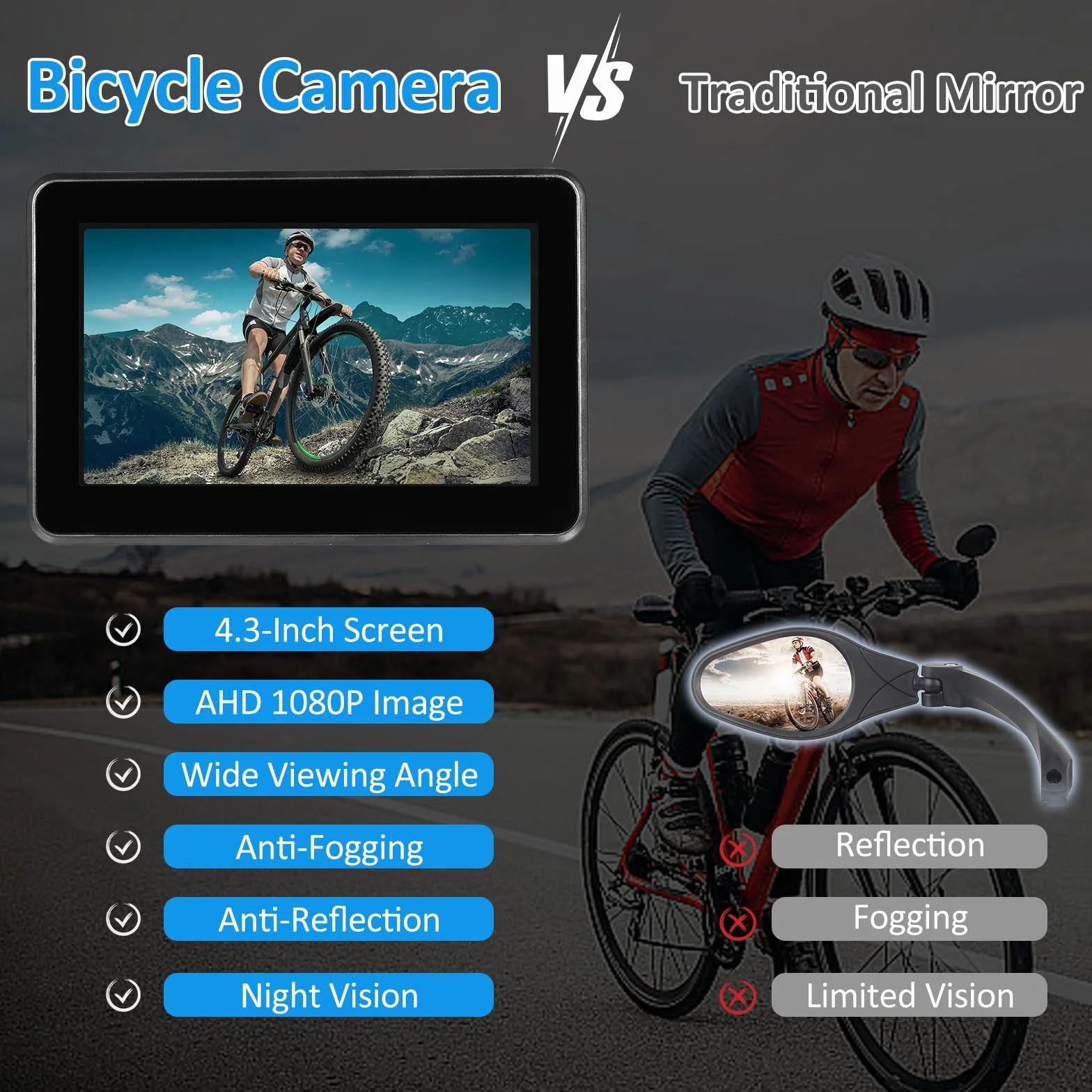 Shkalacar Tylna kamera rowerowa 1080P z monitorem 4,3 cala, 8 diod LED noktowizor