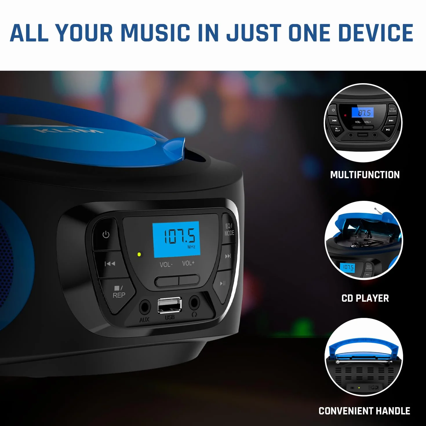 KLIM Boombox Radio CD. Radio FM, CD Bluetooth, MP3, USB, AUX + baterie do ładowania, tryby przewodowe i bezprzewodowe + kompaktowy i wytrzymały + nowa wersja 2022 + niebieski
