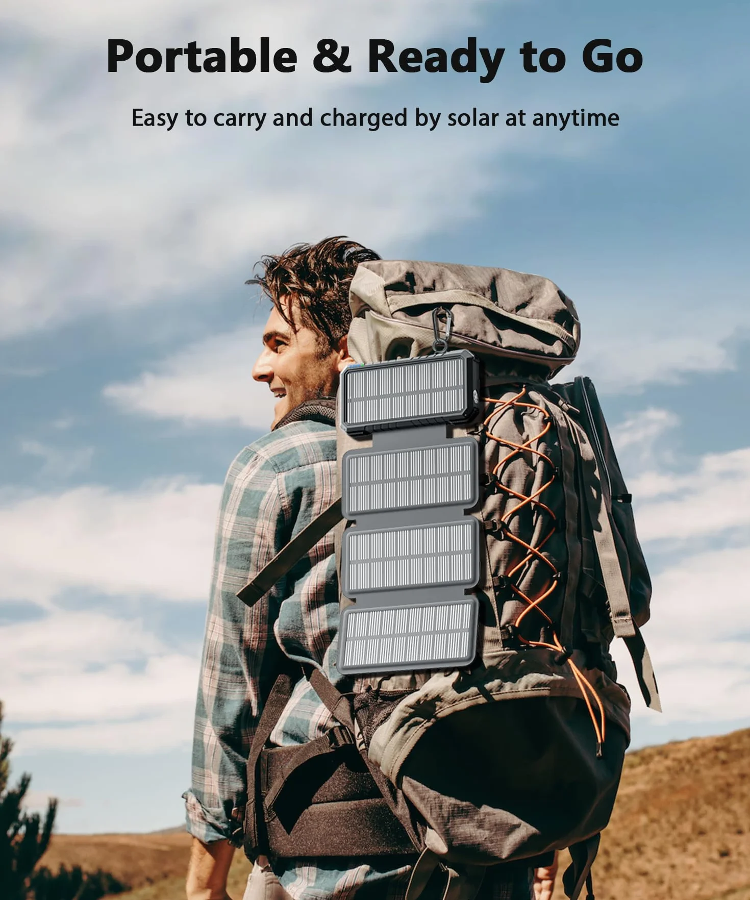 Power Bank Solar 26800mAh z 4 panelami słonecznymi, ładowarka słoneczna USB-C 18 W, szybkie ładowanie z oświetleniem kempingowym i latarką (SOS) do telefonu, zewnętrzna bateria zewnętrzna