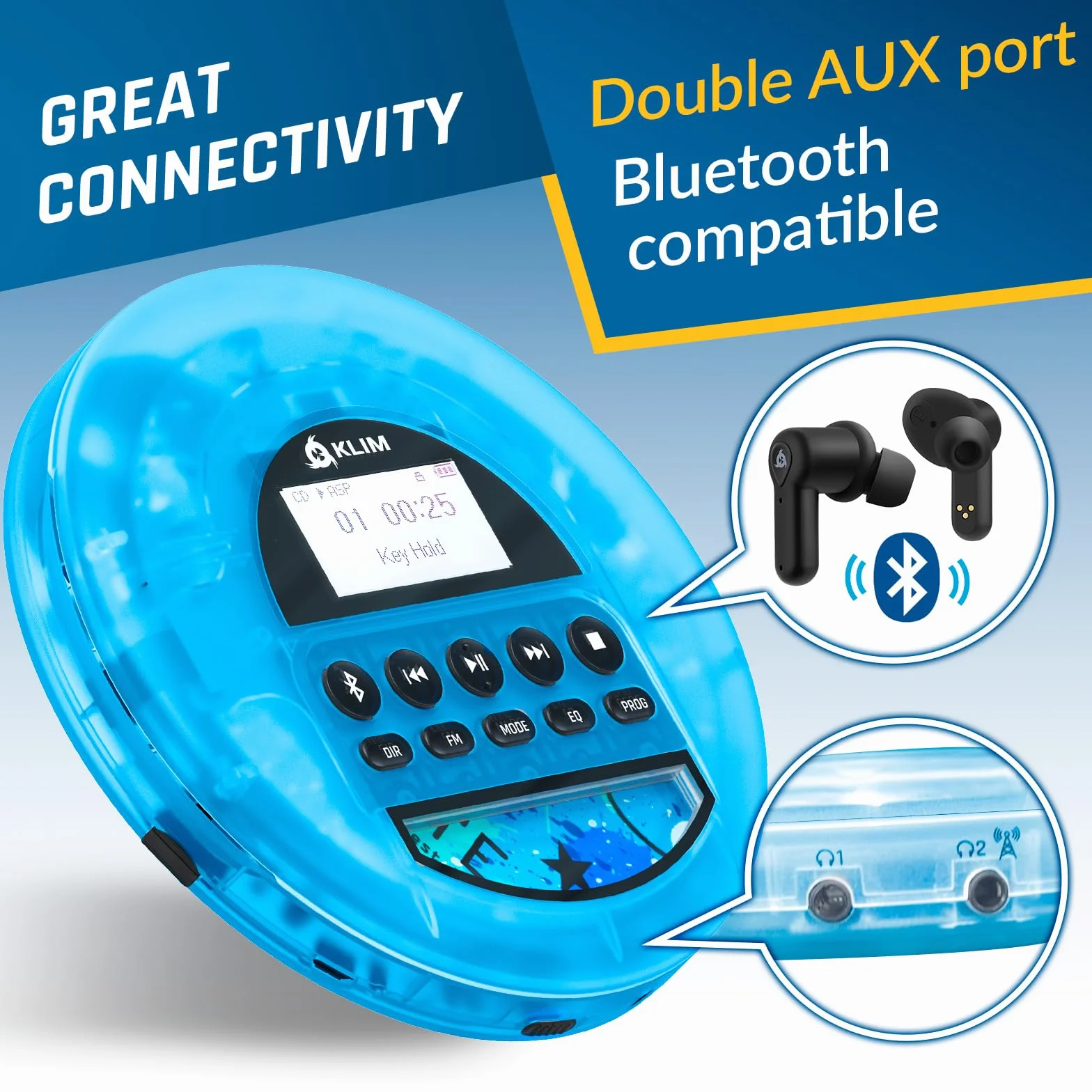 KLIM Nomad Transparent Blue - Przenośny odtwarzacz CD z długotrwałą baterią - w zestawie słuchawki - odtwarzacz MP3 Discman - karta TF, radio FM, Bluetooth, AUX - idealny do domu, samochodów - Wersja