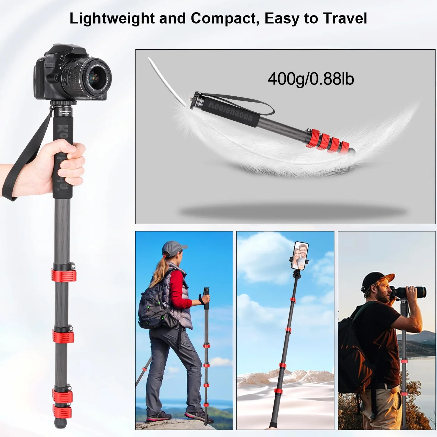 Koolehaoda Carbon Fiber Camera Monopod 28mm Tube 5-Section 166cm Unipod