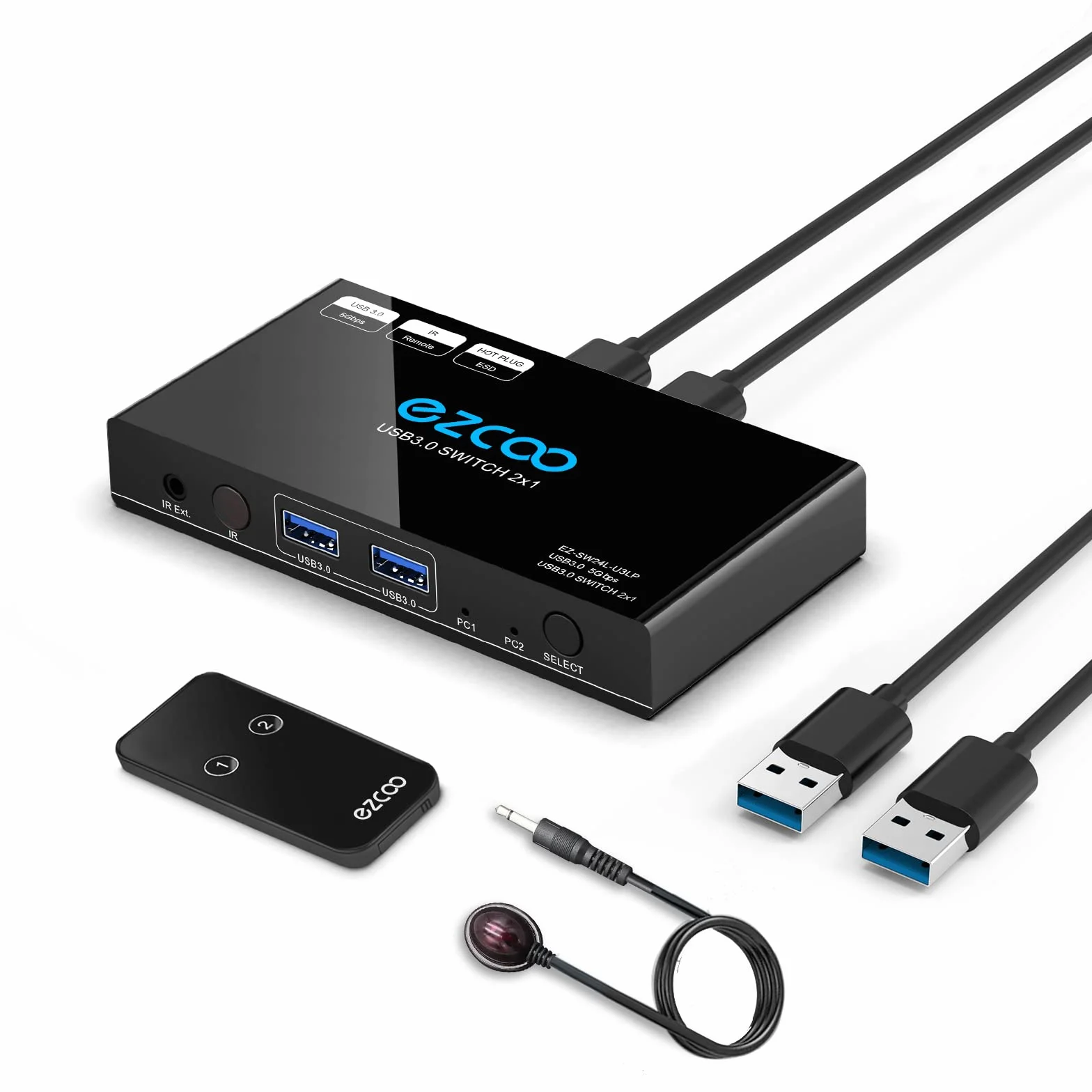 Przełącznik KVM USB 3.0 2 w 4 z pilotem zdalnego sterowania, koncentrator do myszy i klawiatury