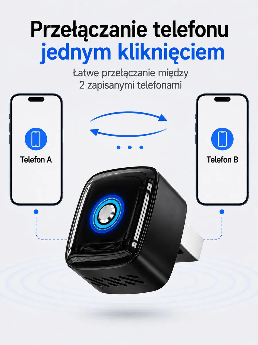 Bezprzewodowy Adapter CarPlay i Android Auto 2 w 1, pamięć dwóch telefonów, szybkie przełączanie, Plug & Play USB-A/USB-C, 5.8GHz WiFi, OTA, Czarny