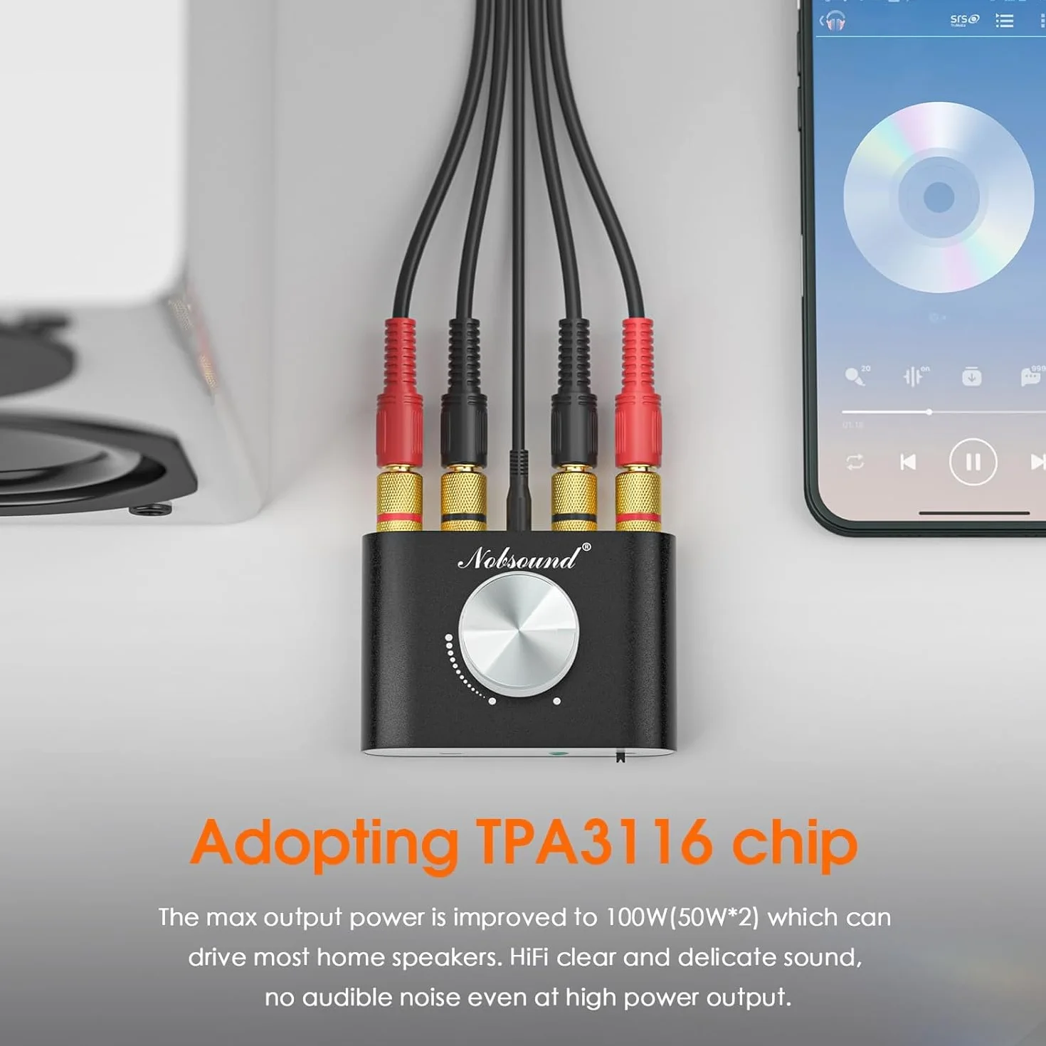 Nobsound Mini wzmacniacz mocy Bluetooth; Hi-FI Digital Amp 2.0 Channel 50W × 2 z wejściem AUX/USB/Bluetooth; bezprzewodowy odbiornik audio; Karta dźwiękowa z kartą zasilającą (czarny)