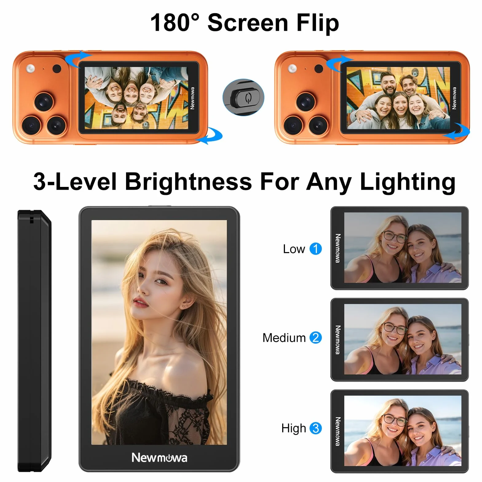 Newmowa Czarny Magnetyczny Telefon Vlog Selfie Monitor Ekran,1080P Nagrywanie Bezprzewodowe,Tylnej Kamery Telefonu Do Selfie LiveStream TikTok,Kompatybilny z iPhonem(Support 4K 30fps Wired Recording)