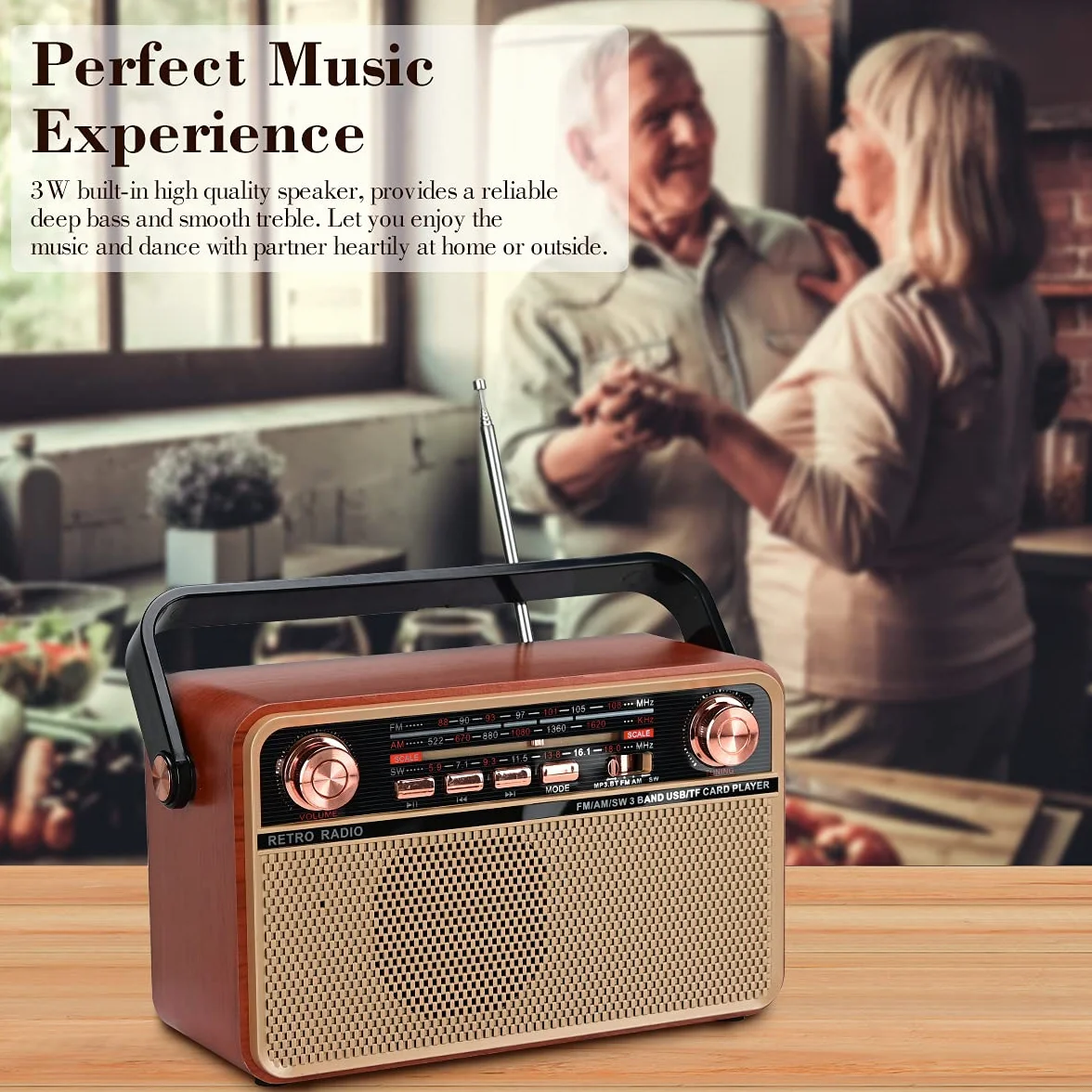 Radio retro AM/SW/FM przenośne Bluetooth USB TF AUX wbudowany głośnik brązowy